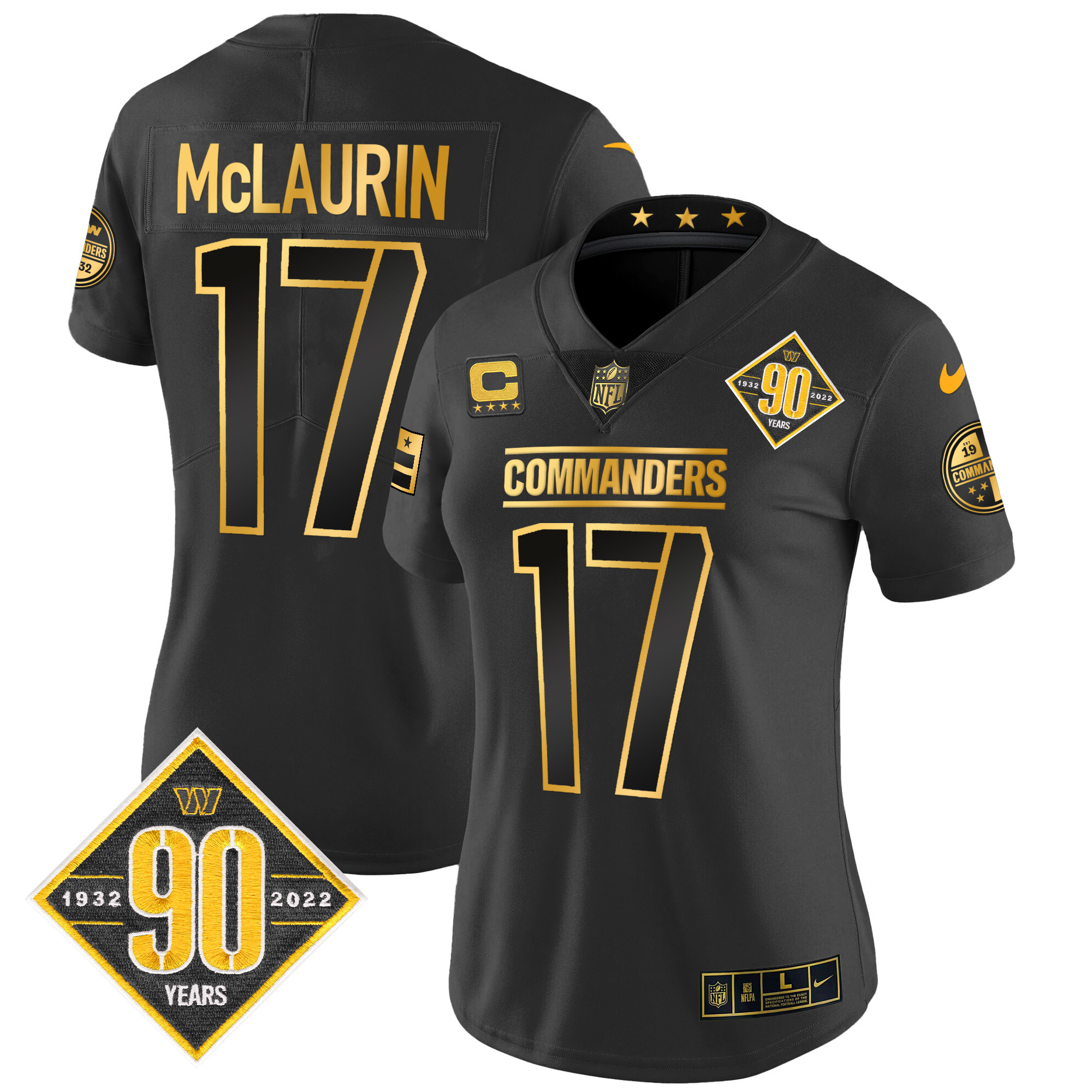 Terry McLaurin Women's Washington Commanders 90th Anniversary Patch Gold Vapor Black Gold Jersey - All Stitched 