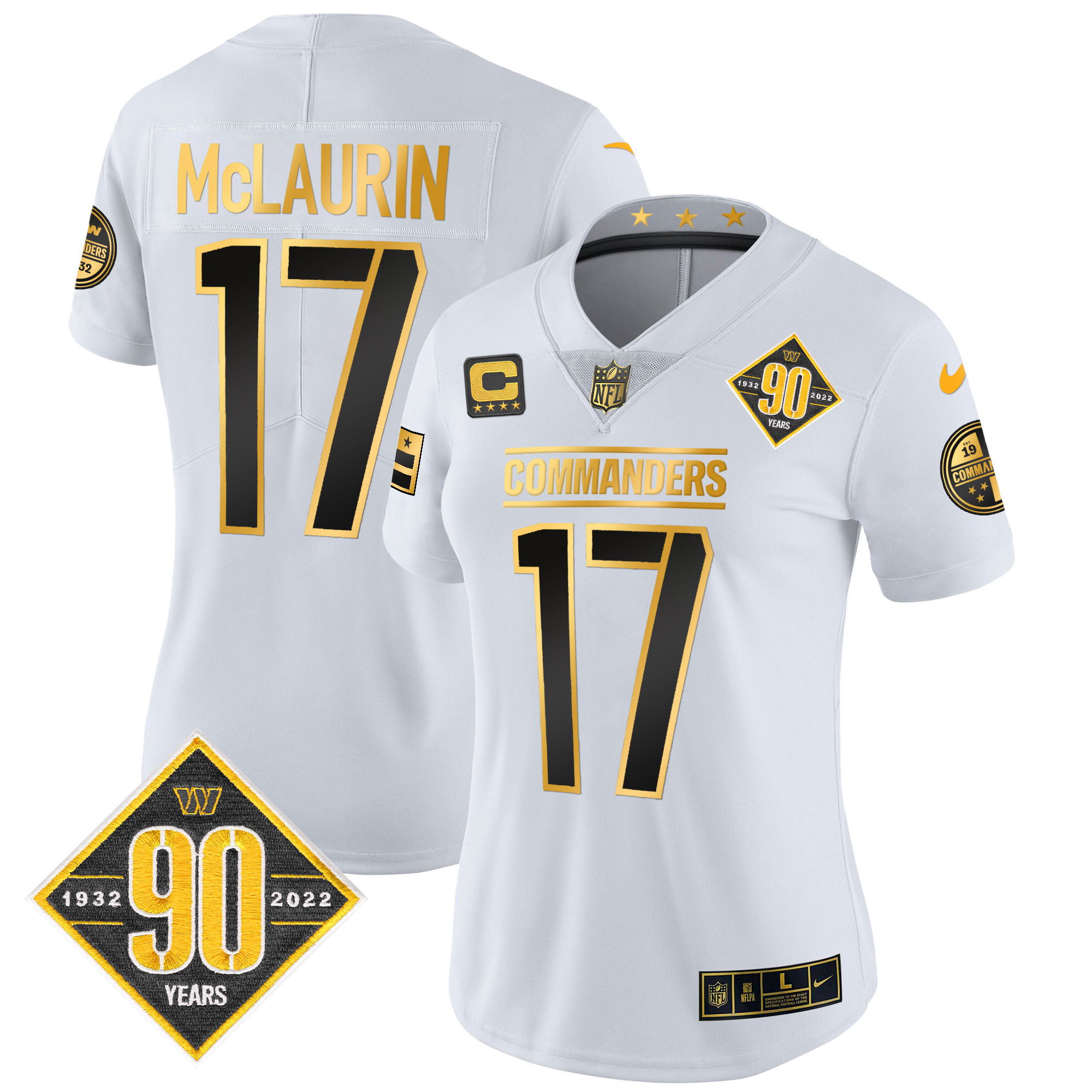 Terry McLaurin Women's Washington Commanders 90th Anniversary Patch Gold Vapor White Gold Jersey - All Stitched 