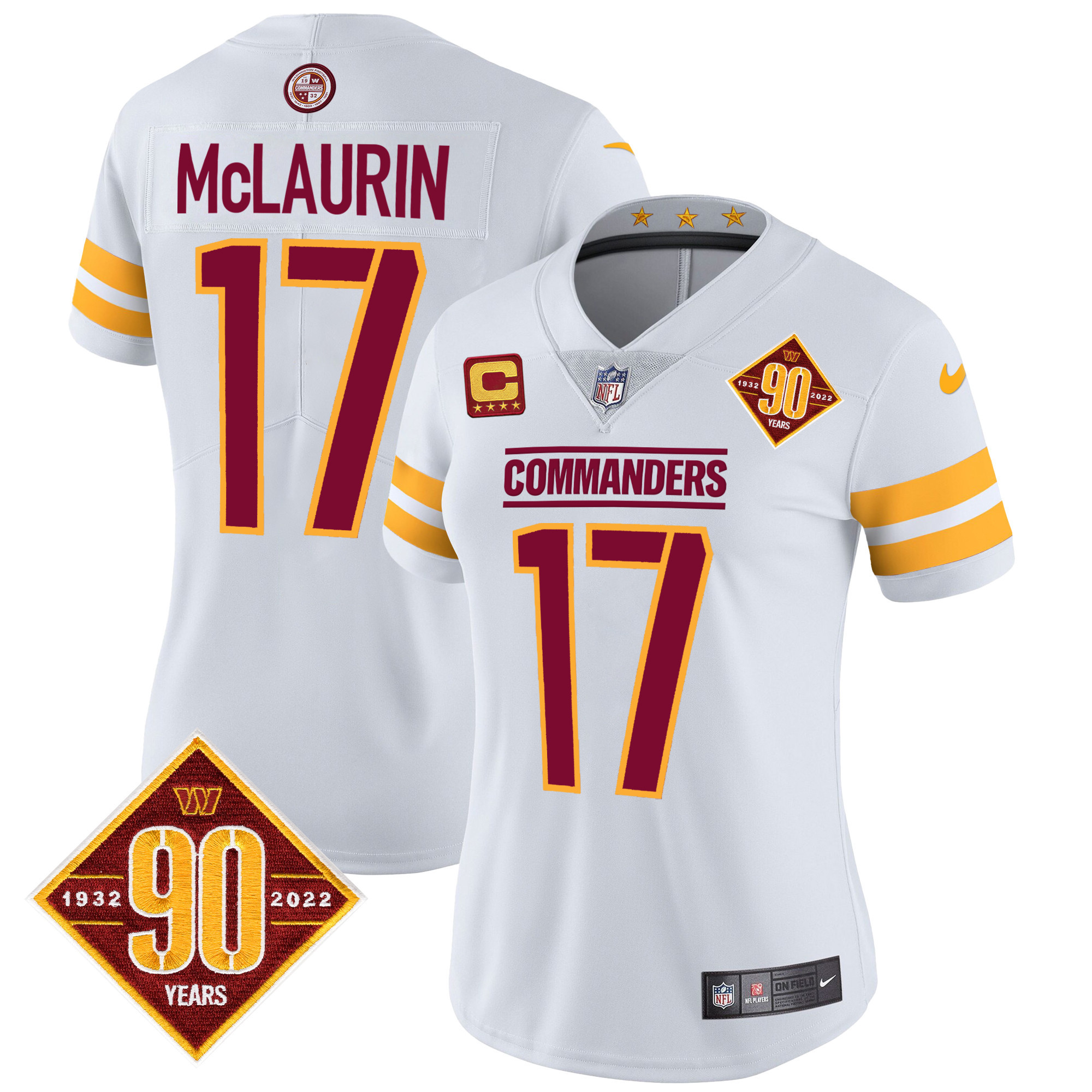 Terry McLaurin Women's Washington Commanders 90th Anniversary Patch Vapor White Jersey - All Stitched 