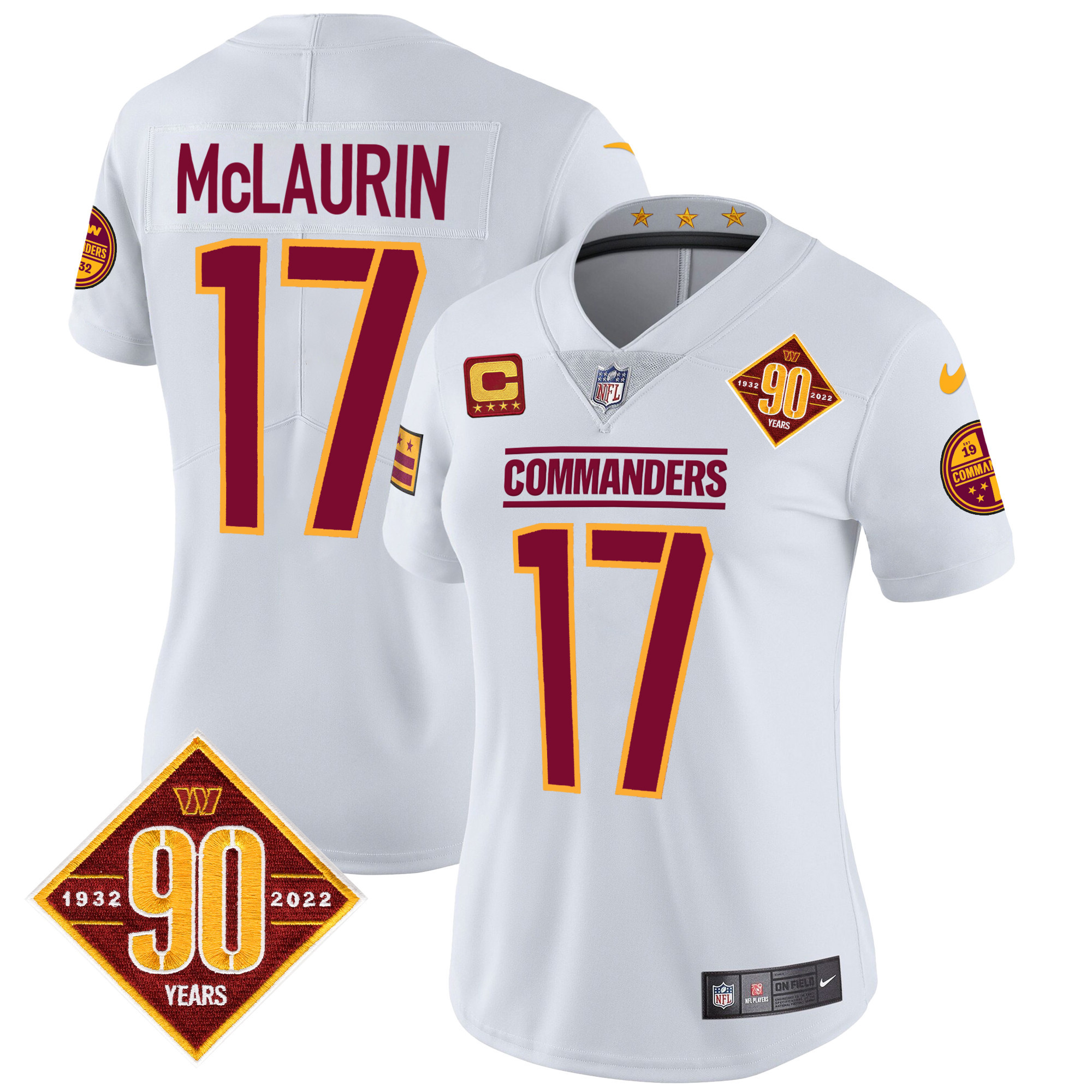 Terry McLaurin Women's Washington Commanders 90th Anniversary Patch Vapor White Jersey - All Stitched 