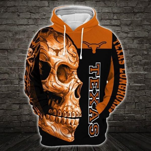 Texas Longhorns Ncaa Skull 3D T Hoodie ter