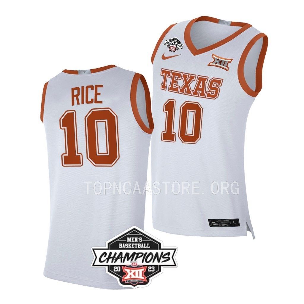 Texas Longhorns Sir'Jabari Rice White #10 2023 Big 12 Mens Champs Jersey Men