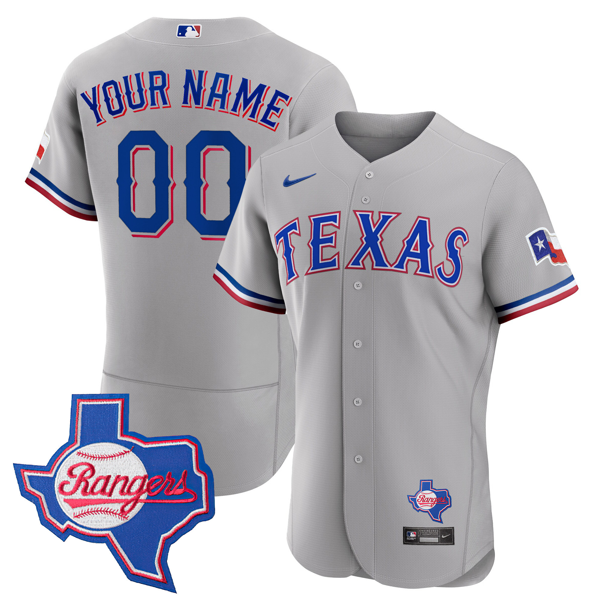 Texas Rangers 2023 Flex Base Custom - Texas Patch Gray Jersey - All Stitched