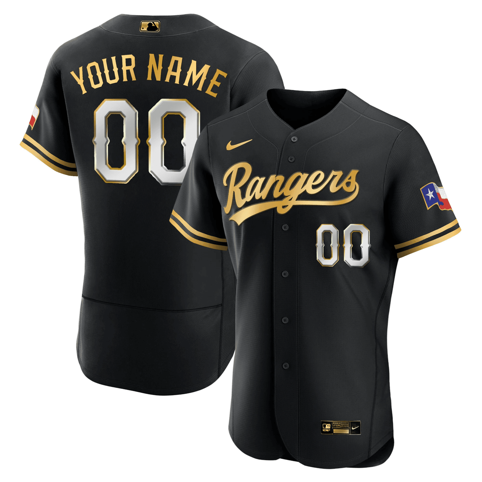 Texas Rangers 2023 Gold Custom Flex Black Jersey - All Stitched