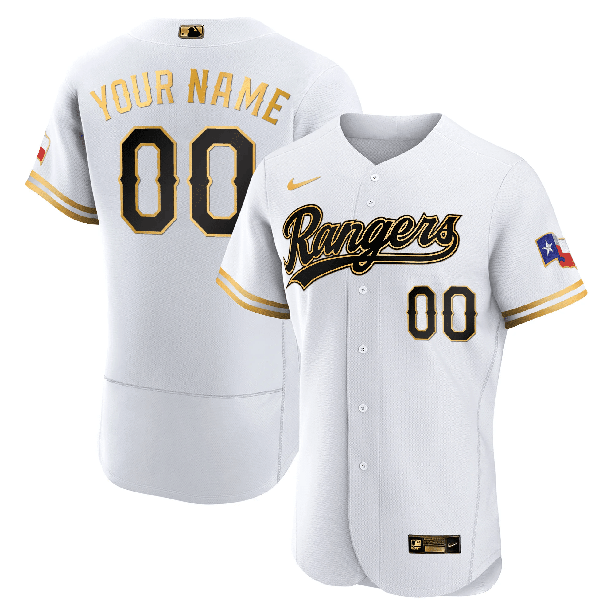Texas Rangers 2023 Gold Custom Flex White Jersey - All Stitched