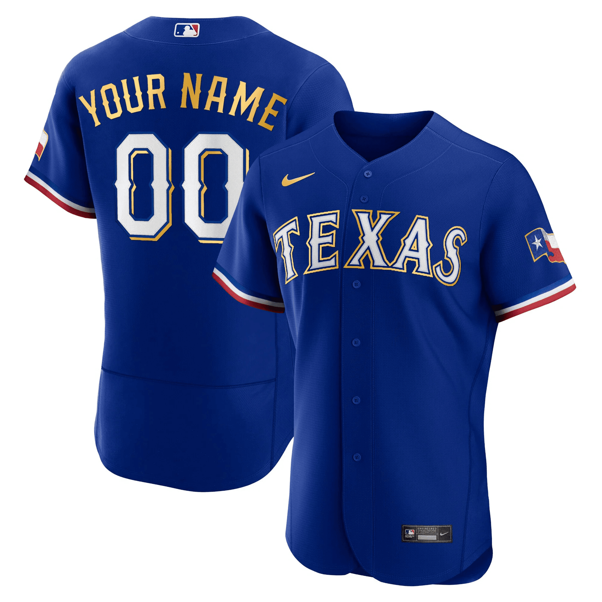 Texas Rangers 2023 Gold Trim Custom Flex Navy Jersey - All Stitched