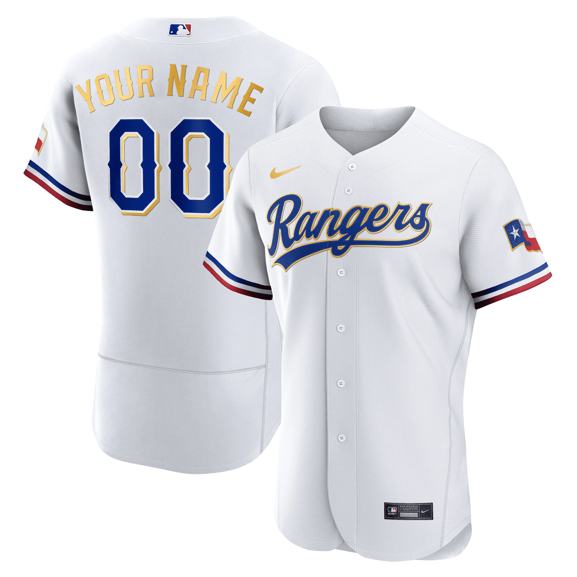Texas Rangers 2023 Gold Trim Custom Flex White Jersey - All Stitched