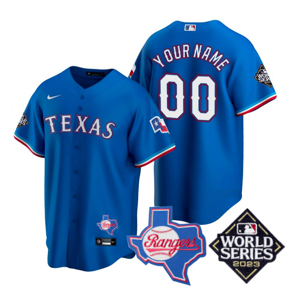 Texas Rangers 2023 World Series & Texas State Patch Custom Blue Jersey - All Stitched