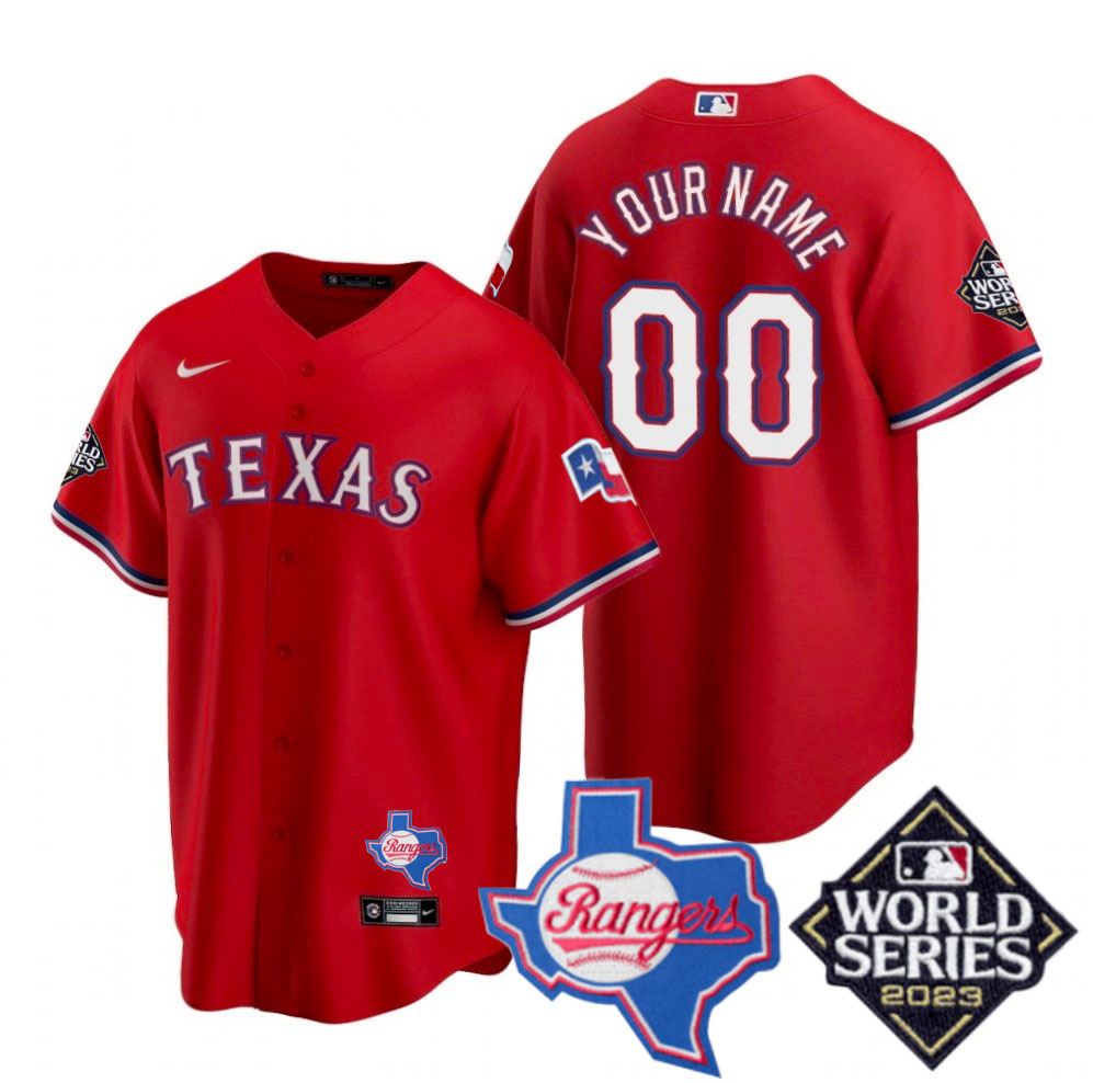 Texas Rangers 2023 World Series & Texas State Patch Custom Red Jersey - All Stitched
