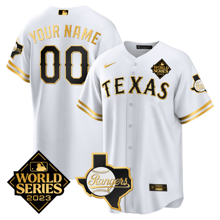 Texas Rangers 2023 World Series & Texas State Patch Gold Custom Jersey - All Stitched - Gold White