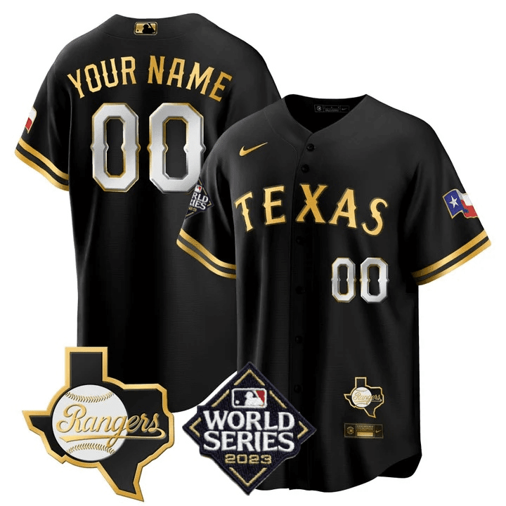 Texas Rangers 2023 World Series & Texas State Patch Gold Custom V2 Black Gold Jersey - All Stitched
