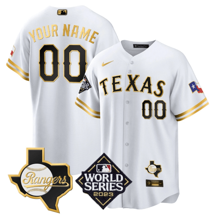 Texas Rangers 2023 World Series & Texas State Patch Gold Custom V2 White Gold Jersey - All Stitched