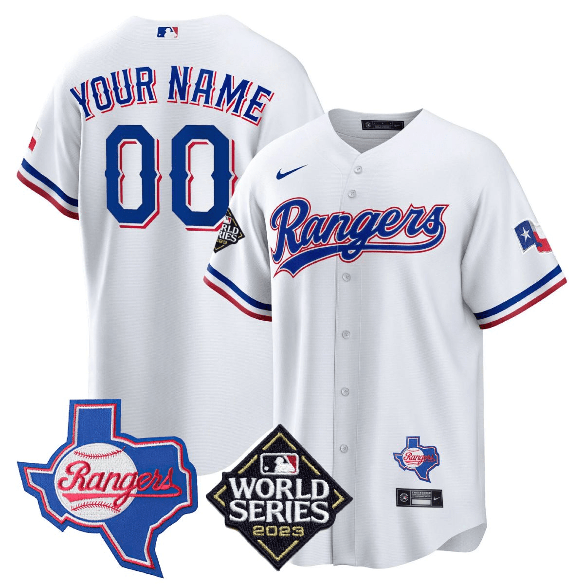 Texas Rangers 2023 World Series & Texas State Patch Gold Custom V2 White Jersey - All Stitched