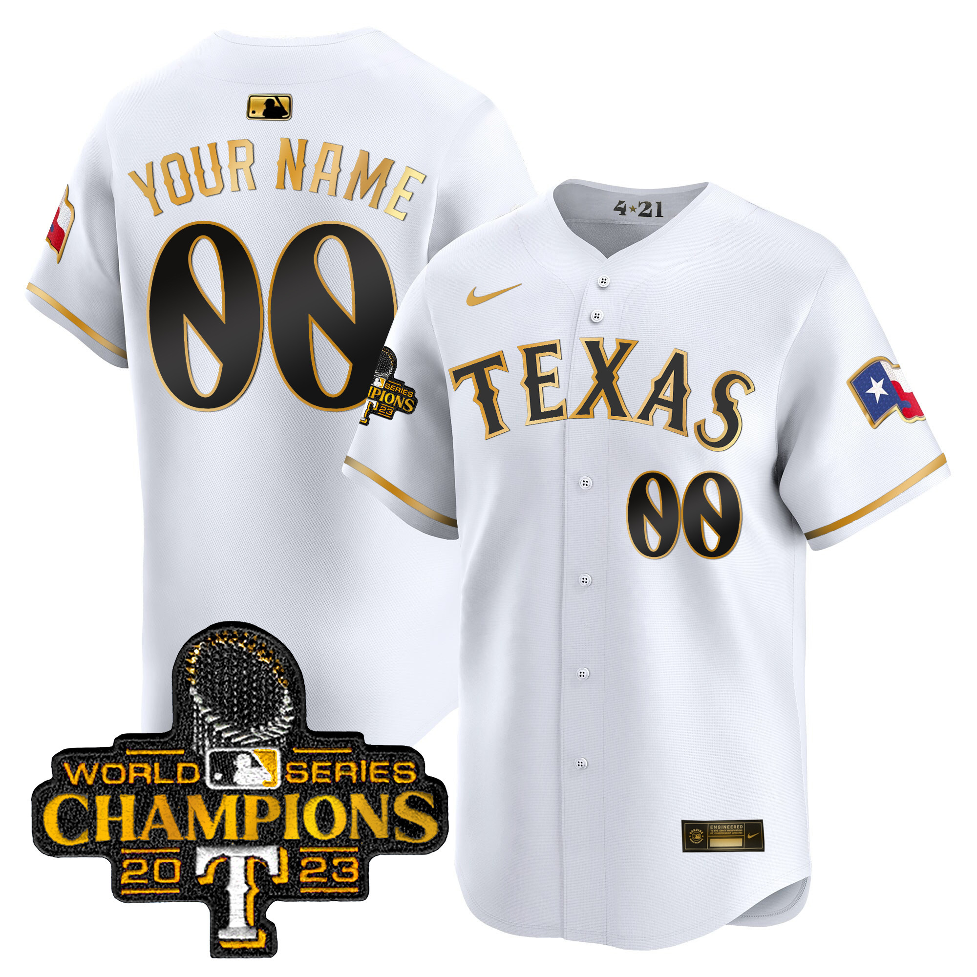 Texas Rangers 2023 World Series Champions City Connect Vapor Premier Limited Custom White Gold Jersey - All Stitched