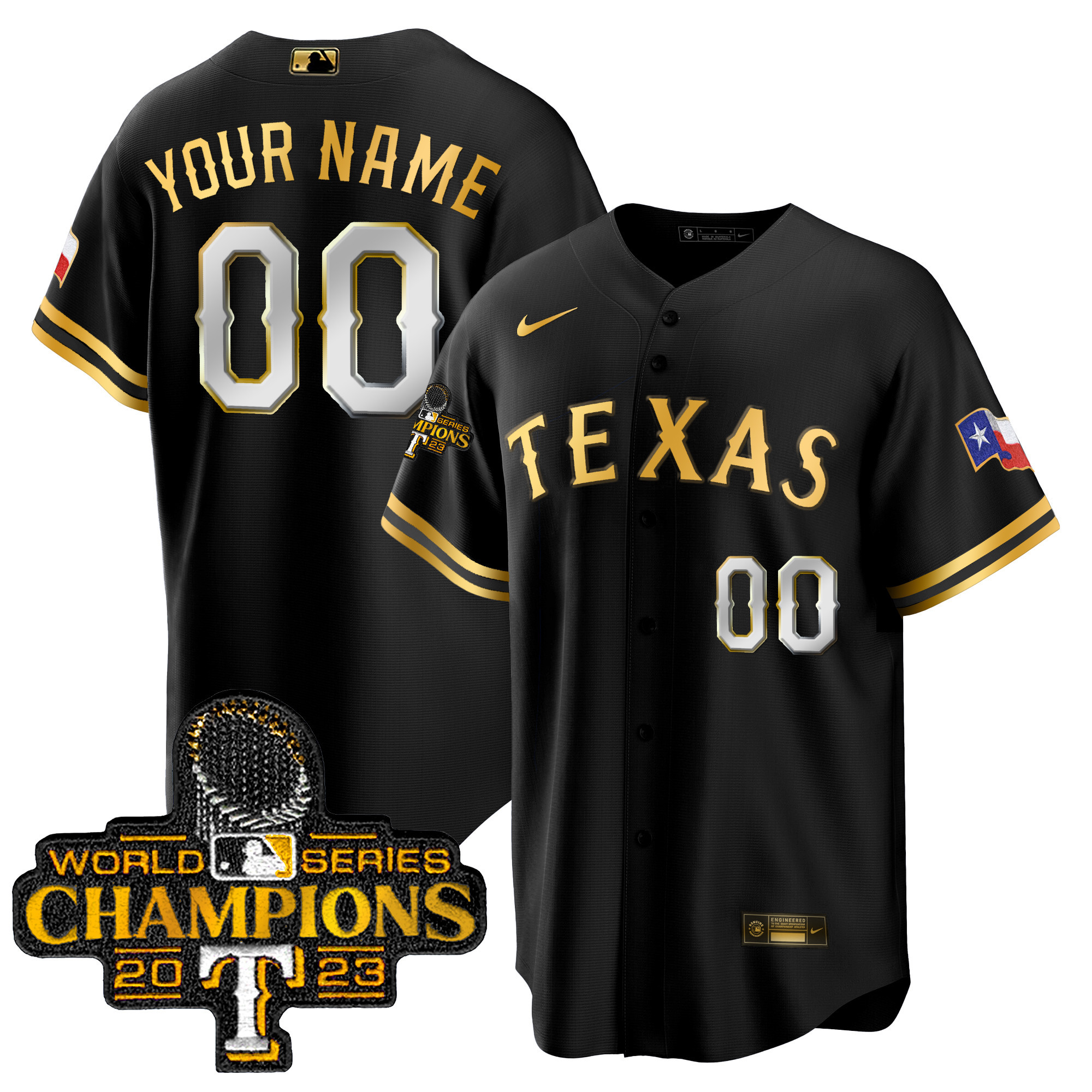 Texas Rangers 2023 World Series Champions Cool Base Custom Black Gold Jersey - All Stitched