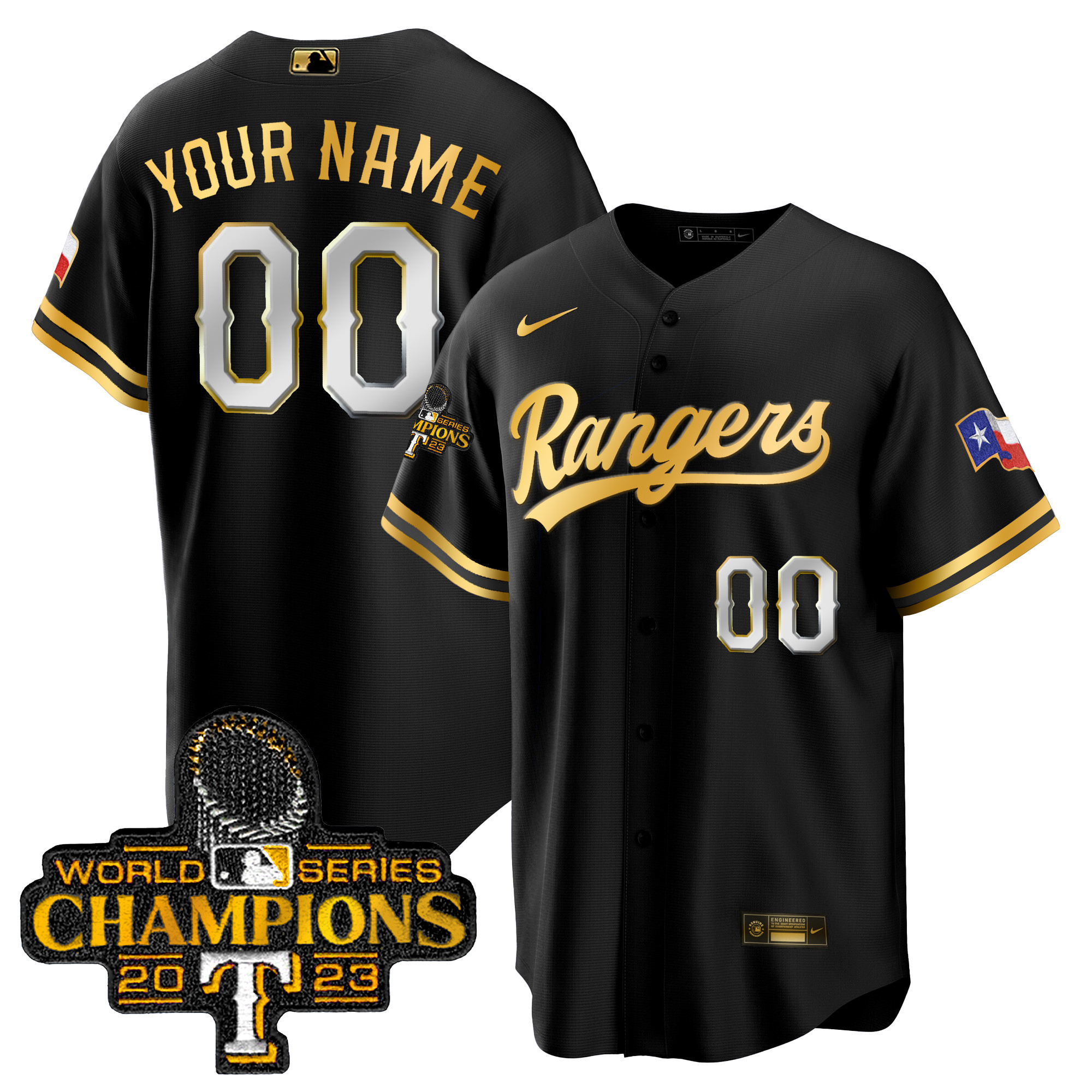 Texas Rangers 2023 World Series Champions Cool Base Custom V3 Black Gold Jersey - All Stitched