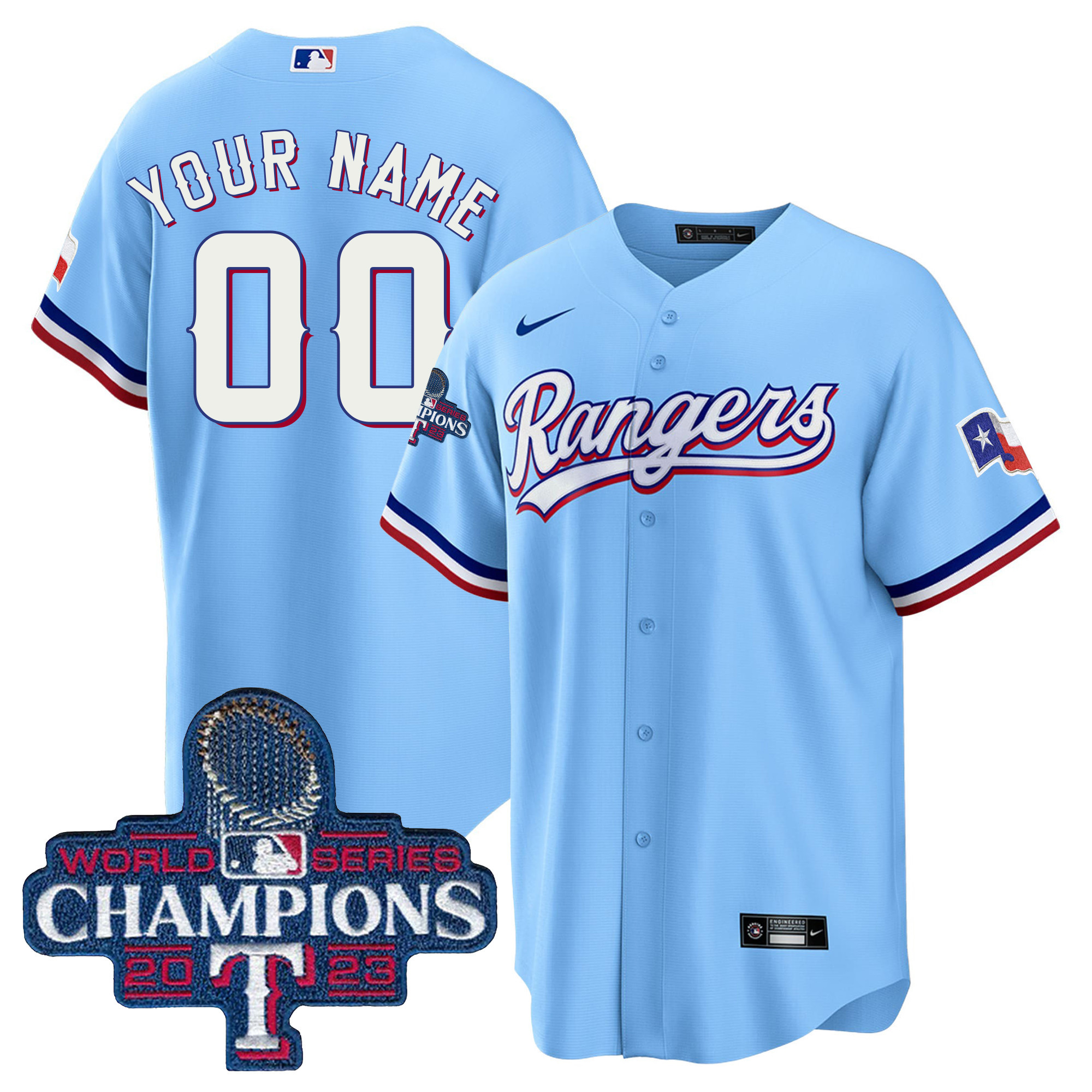 Texas Rangers 2023 World Series Champions Cool Base Custom V3 Blue Jersey - All Stitched
