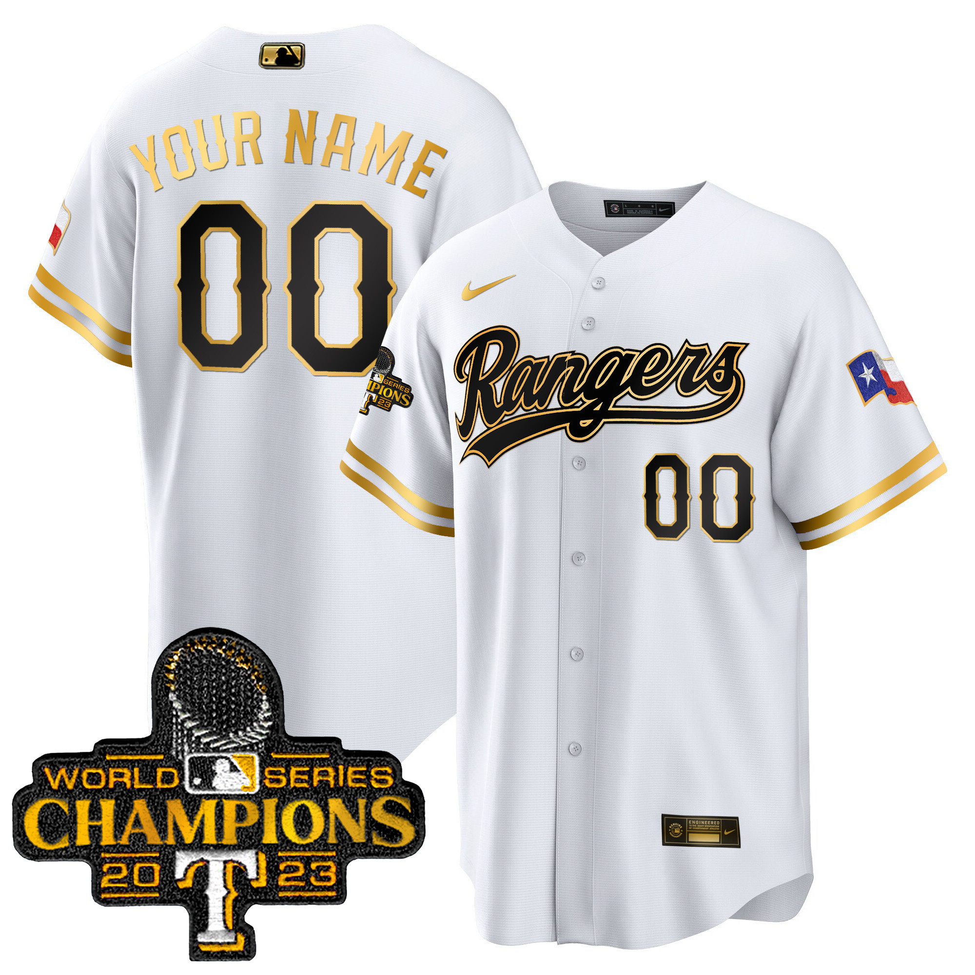 Texas Rangers 2023 World Series Champions Cool Base Custom V3 White Gold Jersey - All Stitched