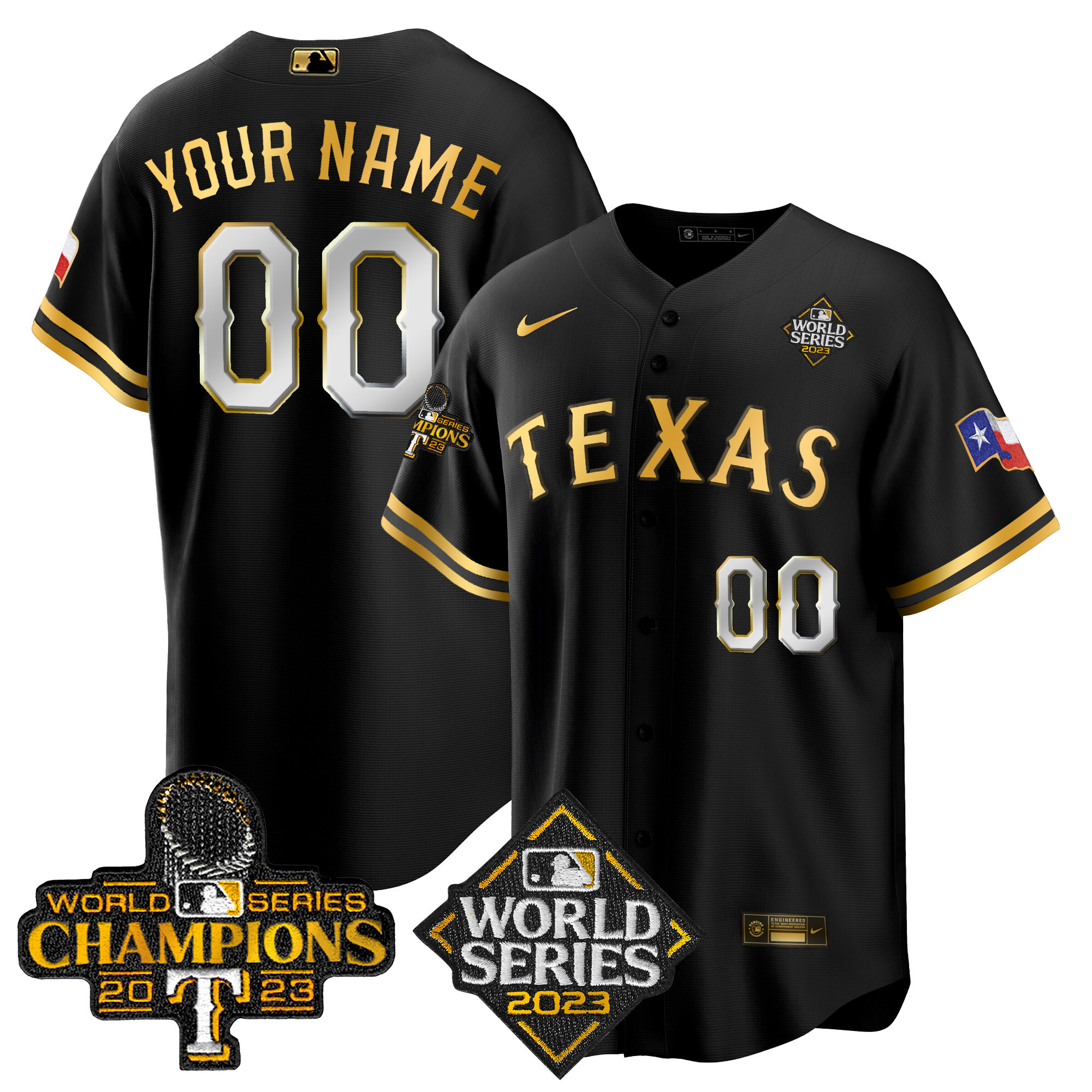 Texas Rangers 2023 World Series Champions Cool Base Custom V4 Black Gold Jersey - All Stitched