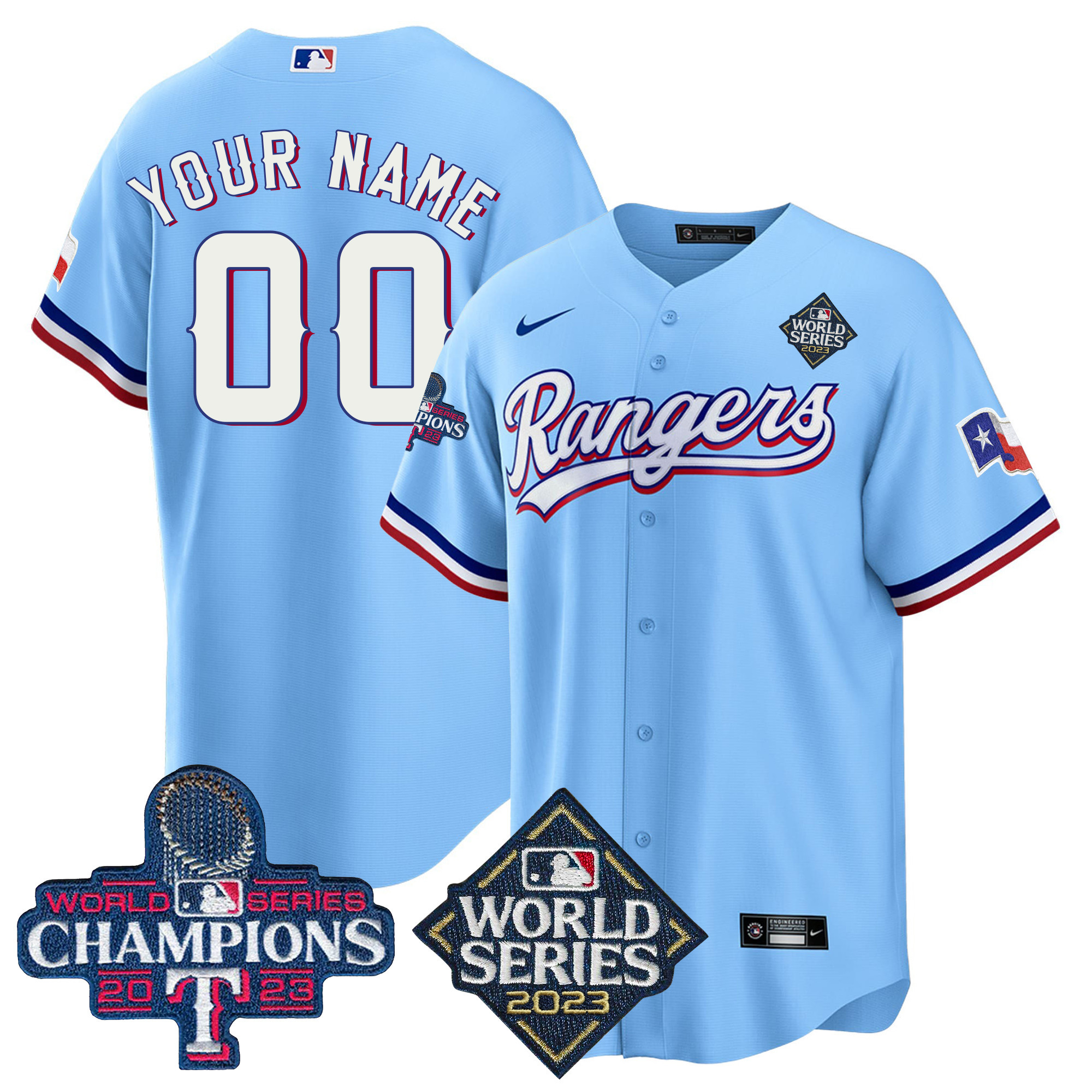 Texas Rangers 2023 World Series Champions Cool Base Custom V4 Blue Jersey - All Stitched
