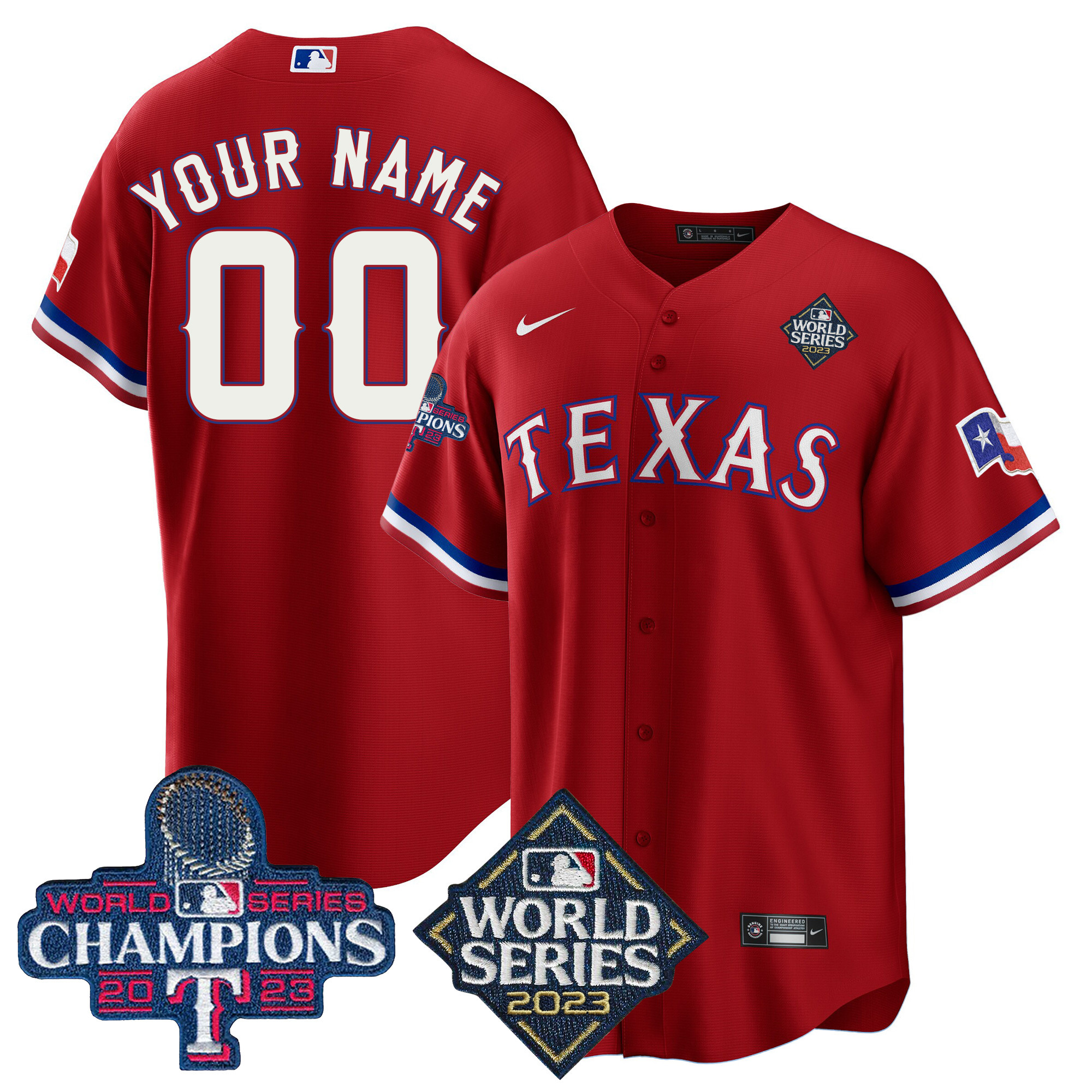 Texas Rangers 2023 World Series Champions Cool Base Custom V4 Red Jersey - All Stitched