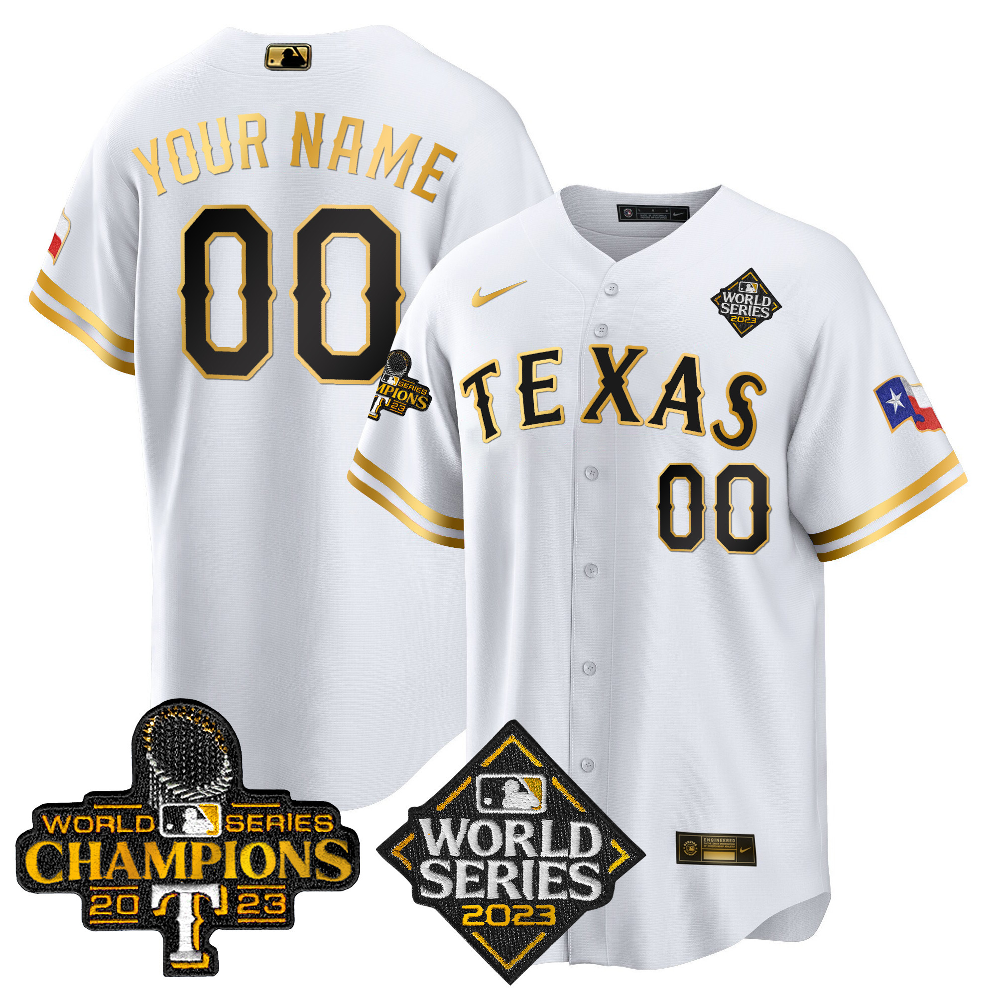Texas Rangers 2023 World Series Champions Cool Base Custom V4 White Gold Jersey - All Stitched