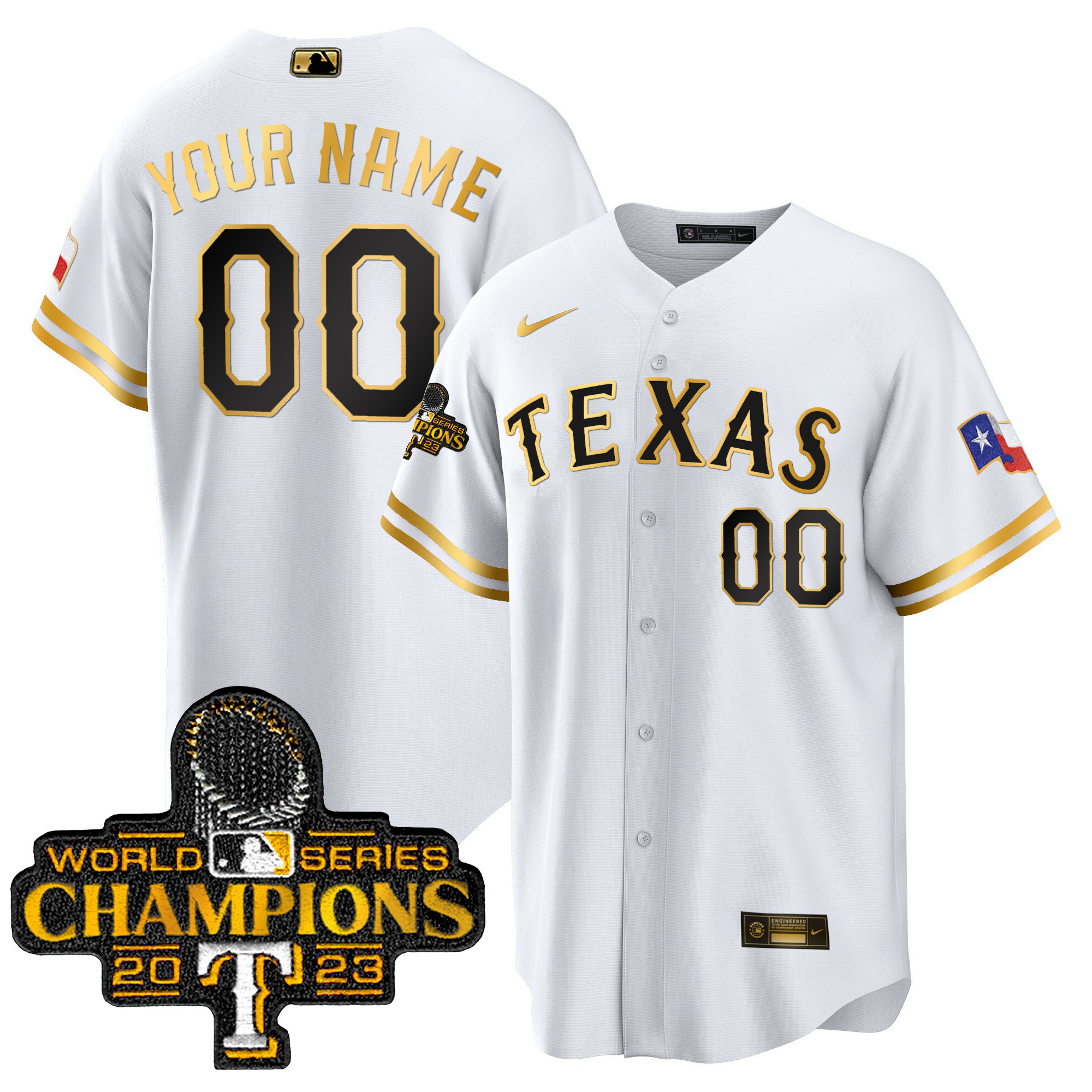 Texas Rangers 2023 World Series Champions Cool Base Custom White Gold Jersey - All Stitched