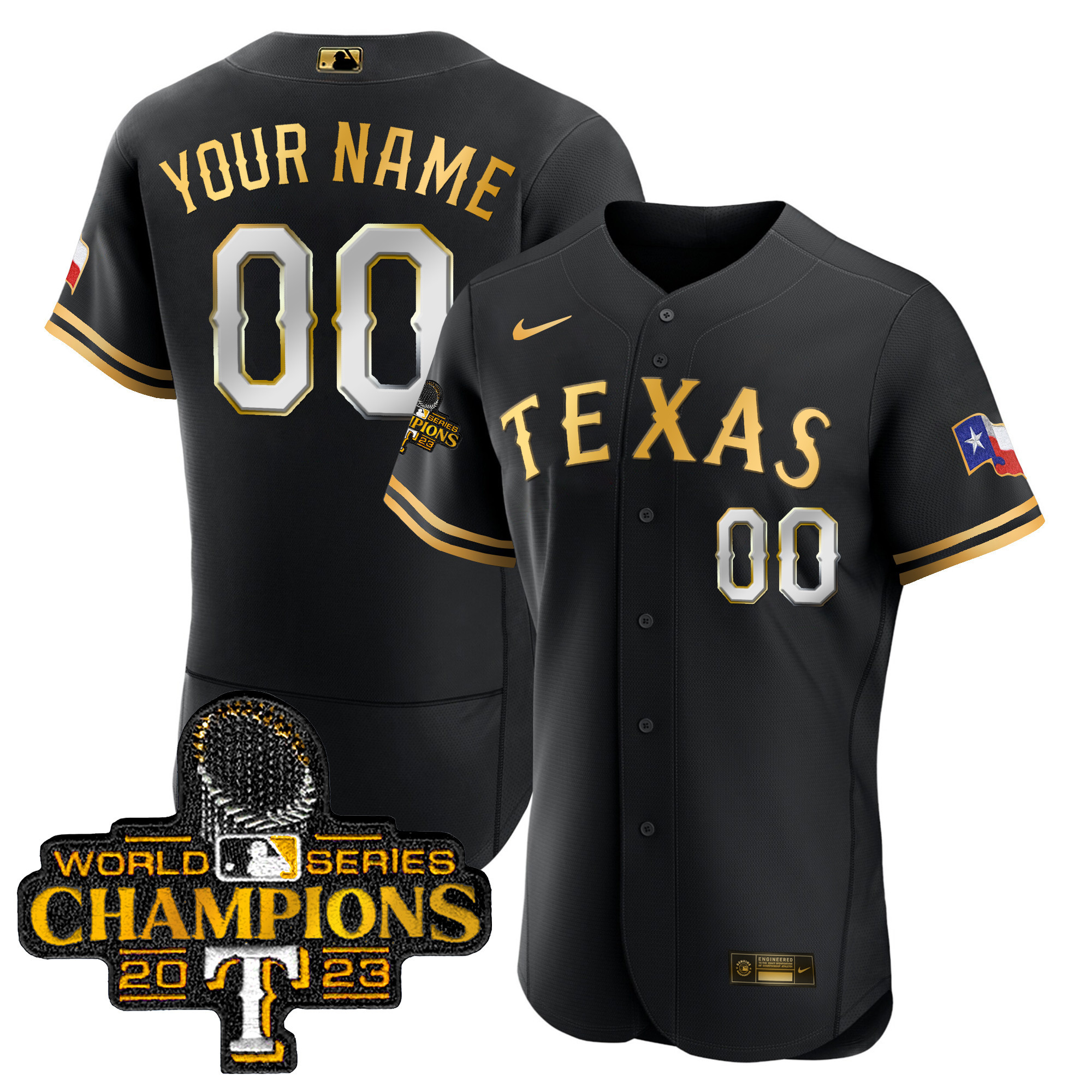Texas Rangers 2023 World Series Champions Flex Base Custom Black Gold Jersey - All Stitched