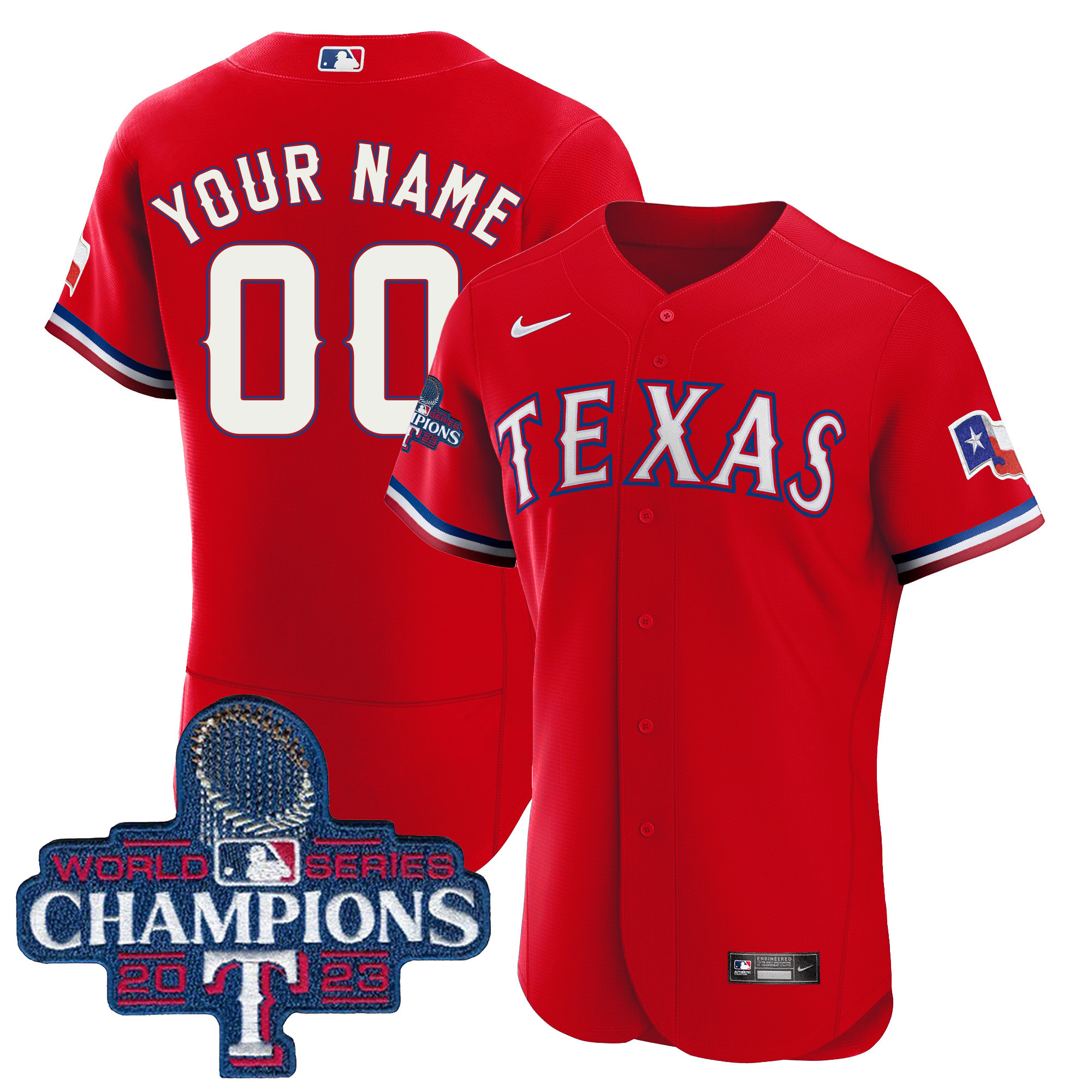 Texas Rangers 2023 World Series Champions Flex Base Custom Red Jersey - All Stitched