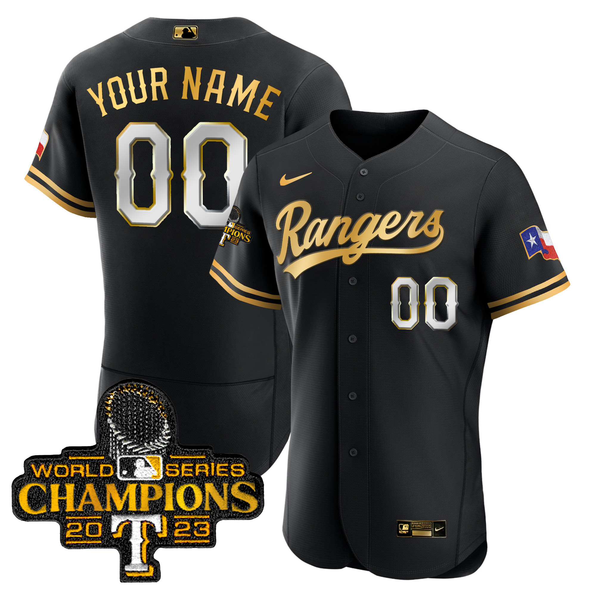 Texas Rangers 2023 World Series Champions Flex Base Custom V3 Black Gold Jersey - All Stitched