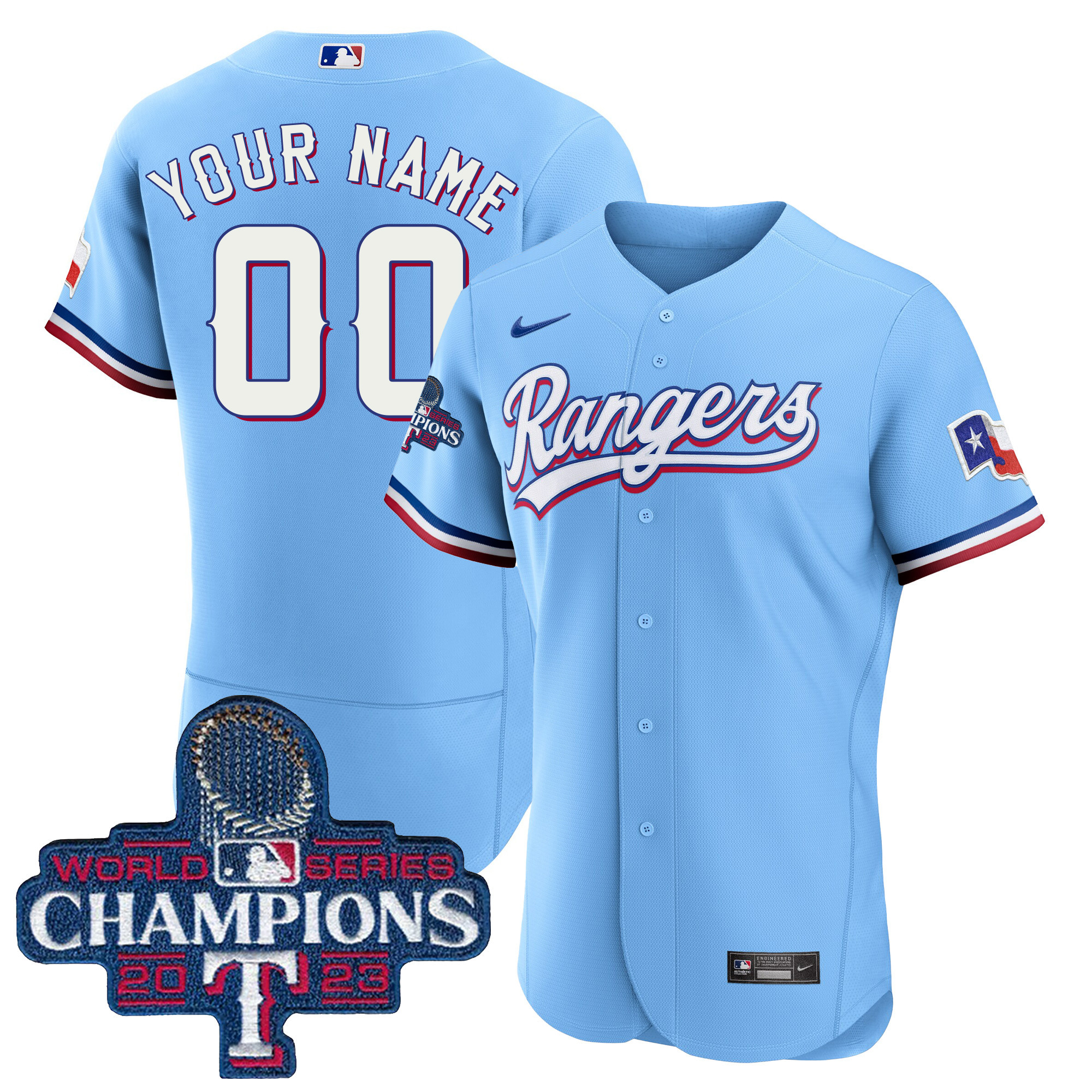 Texas Rangers 2023 World Series Champions Flex Base Custom V3 Blue Jersey - All Stitched