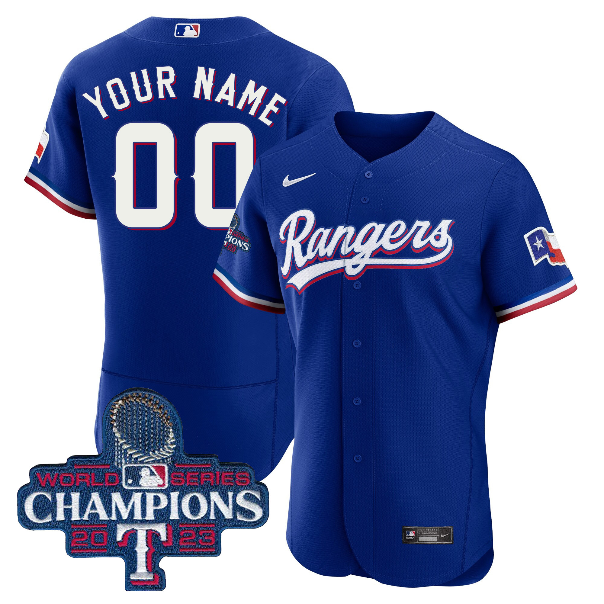 Texas Rangers 2023 World Series Champions Flex Base Custom V3 Royal Jersey - All Stitched
