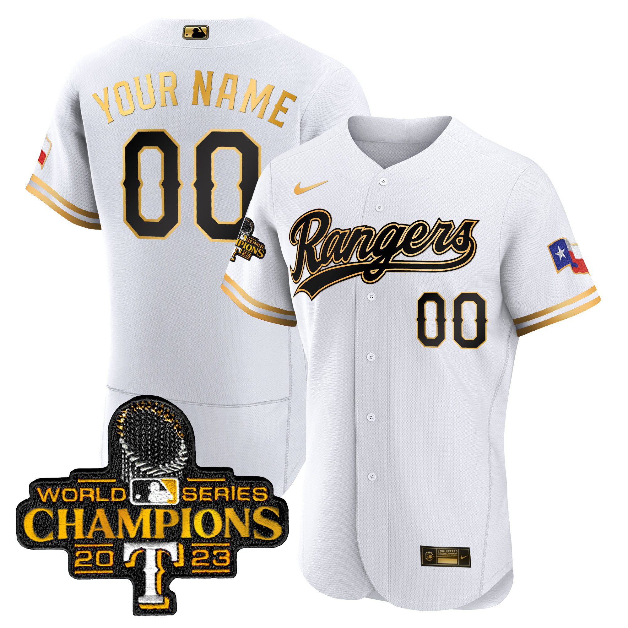 Texas Rangers 2023 World Series Champions Flex Base Custom V3 White Gold Jersey - All Stitched