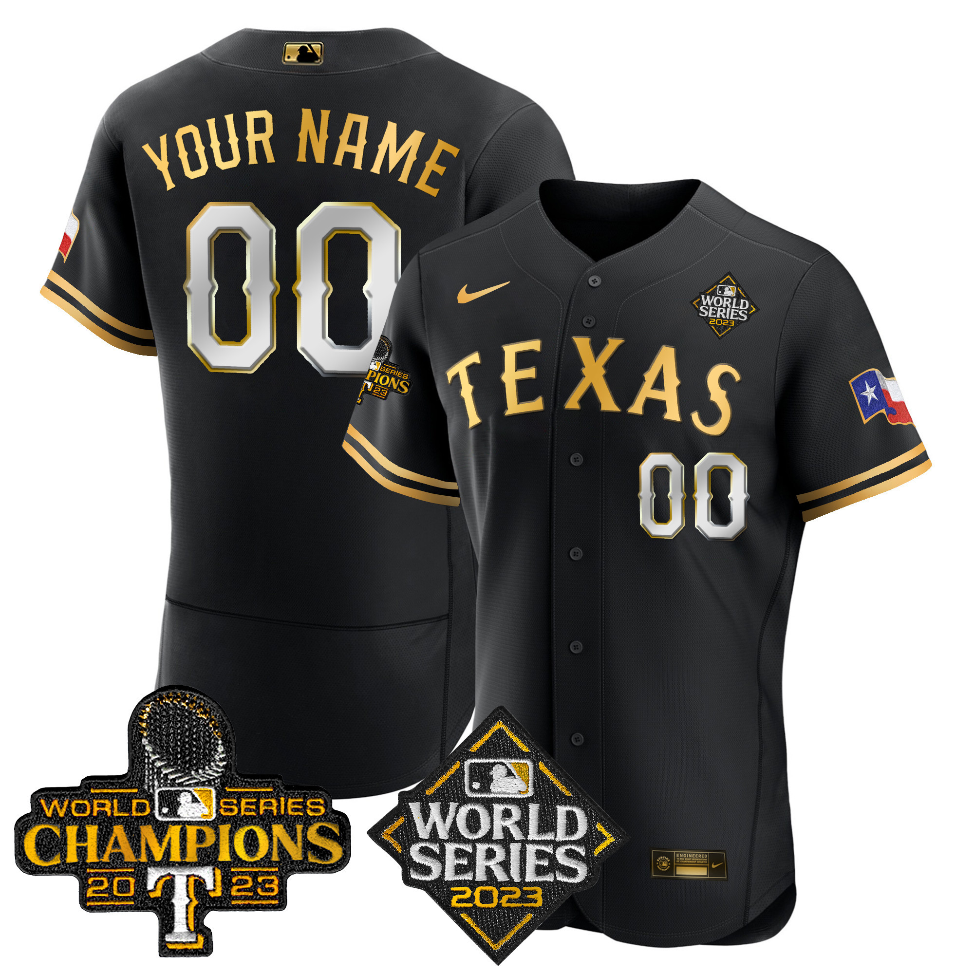 Texas Rangers 2023 World Series Champions Flex Base Custom V4 Black Gold Jersey - All Stitched