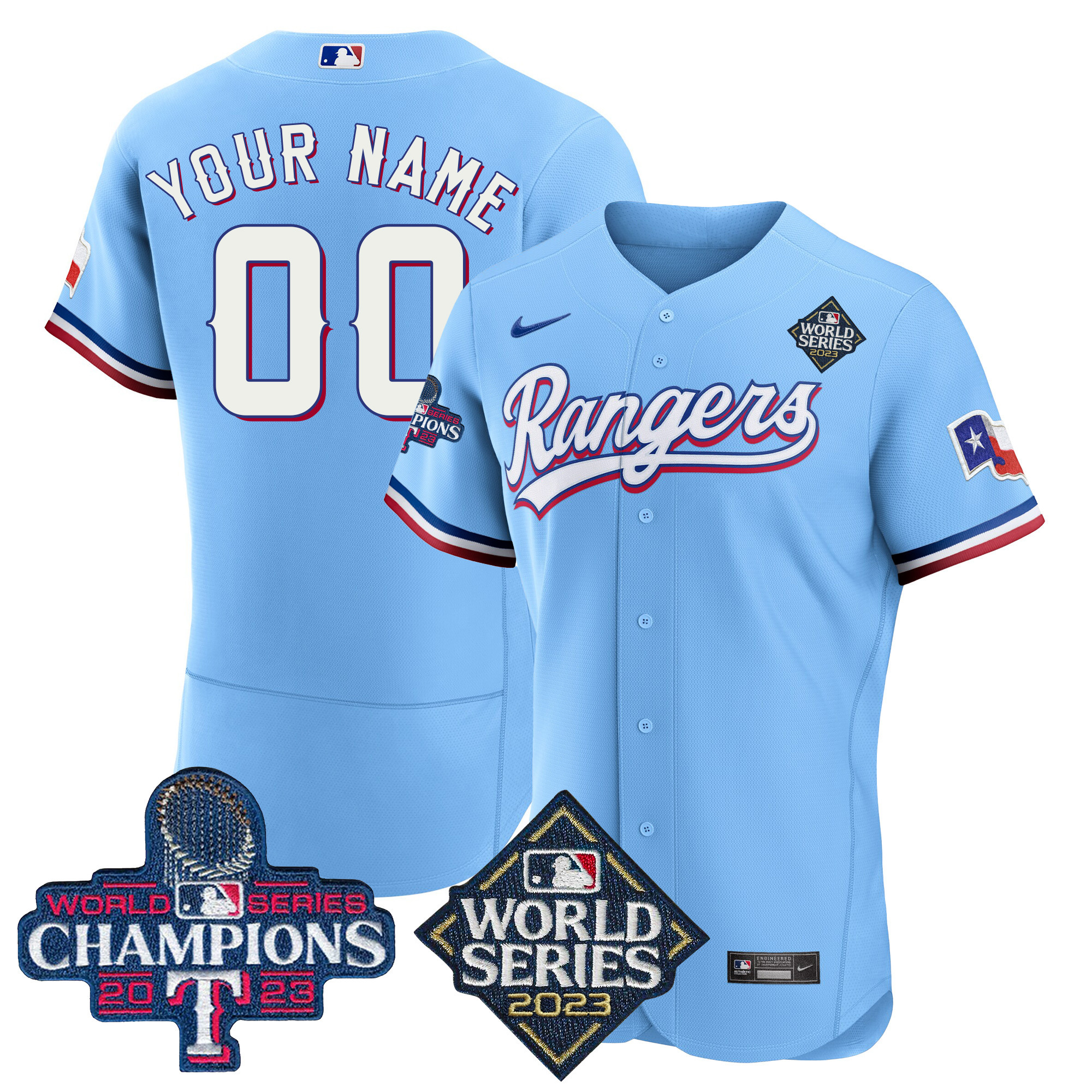 Texas Rangers 2023 World Series Champions Flex Base Custom V4 Blue Jersey - All Stitched