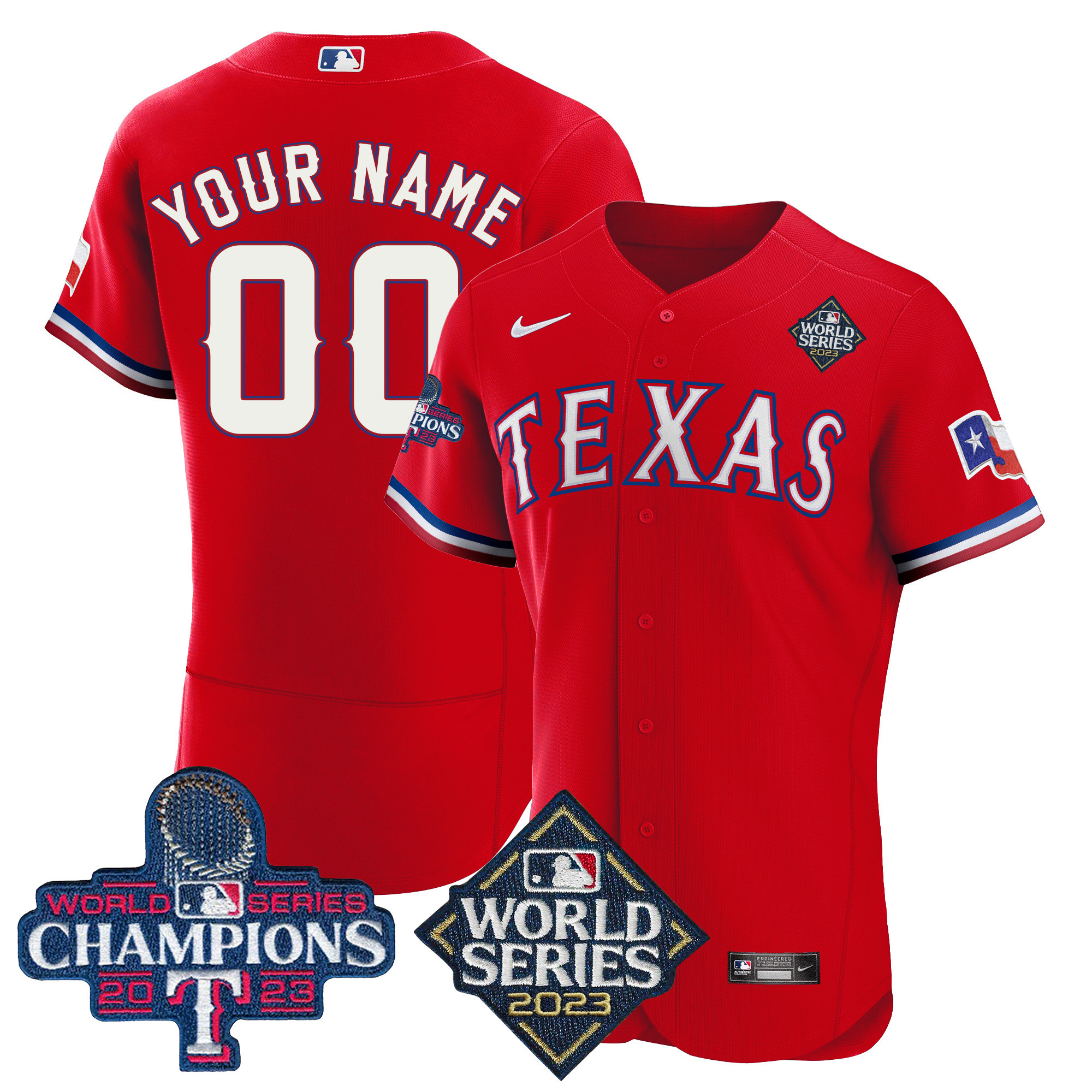 Texas Rangers 2023 World Series Champions Flex Base Custom V4 Red Jersey - All Stitched