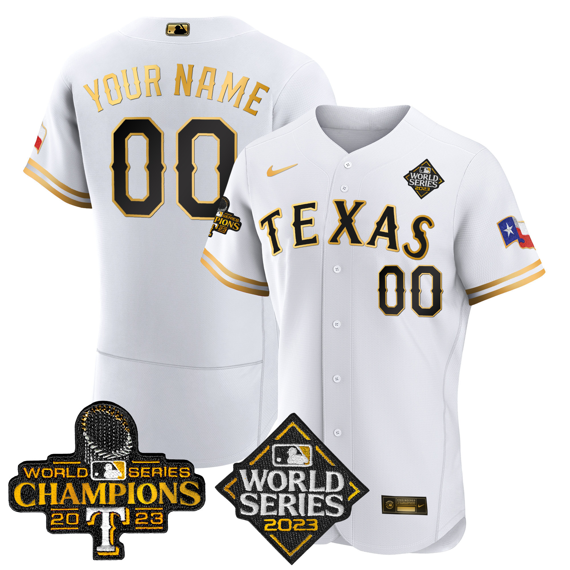 Texas Rangers 2023 World Series Champions Flex Base Custom V4 White Gold Jersey - All Stitched
