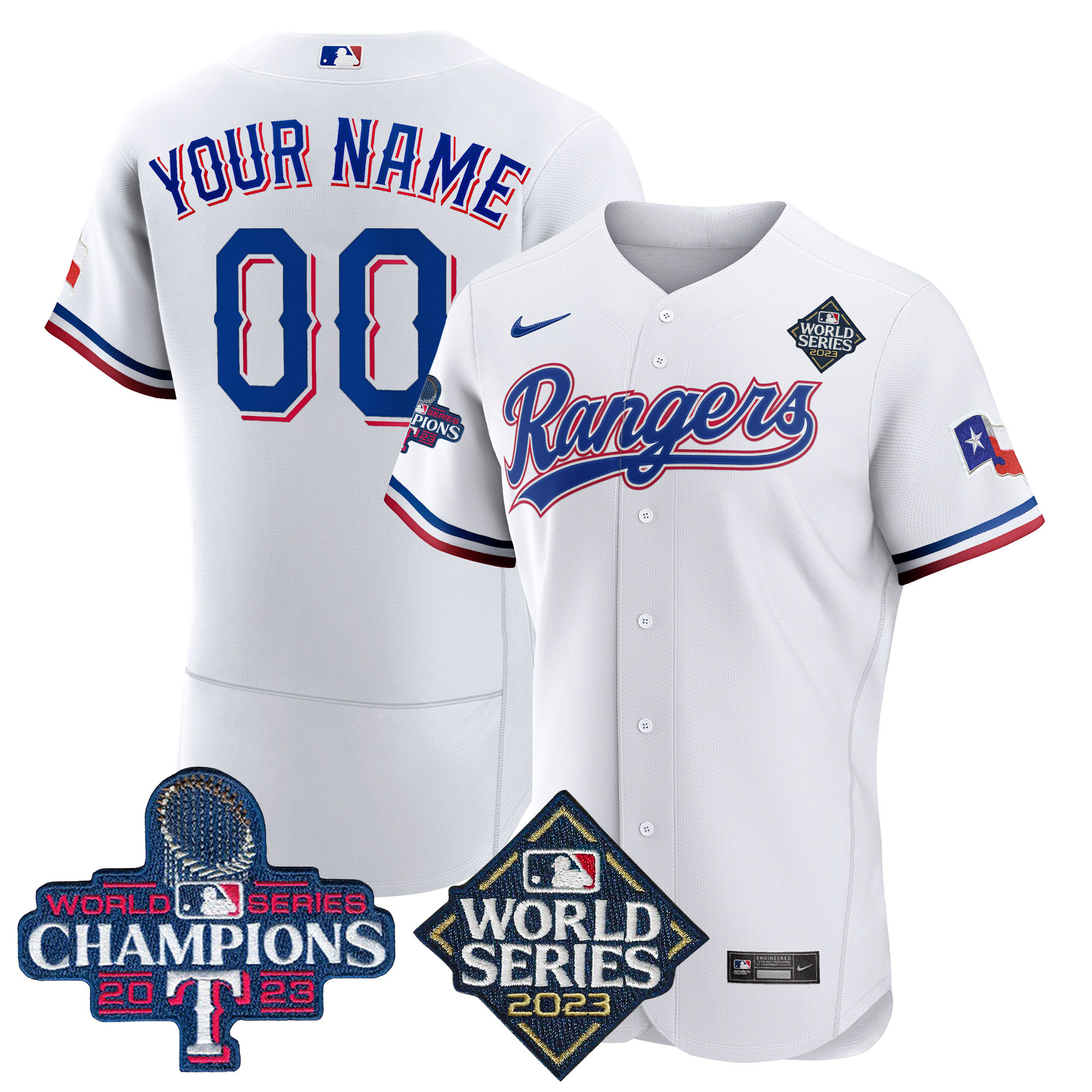 Texas Rangers 2023 World Series Champions Flex Base Custom V4 White Jersey - All Stitched