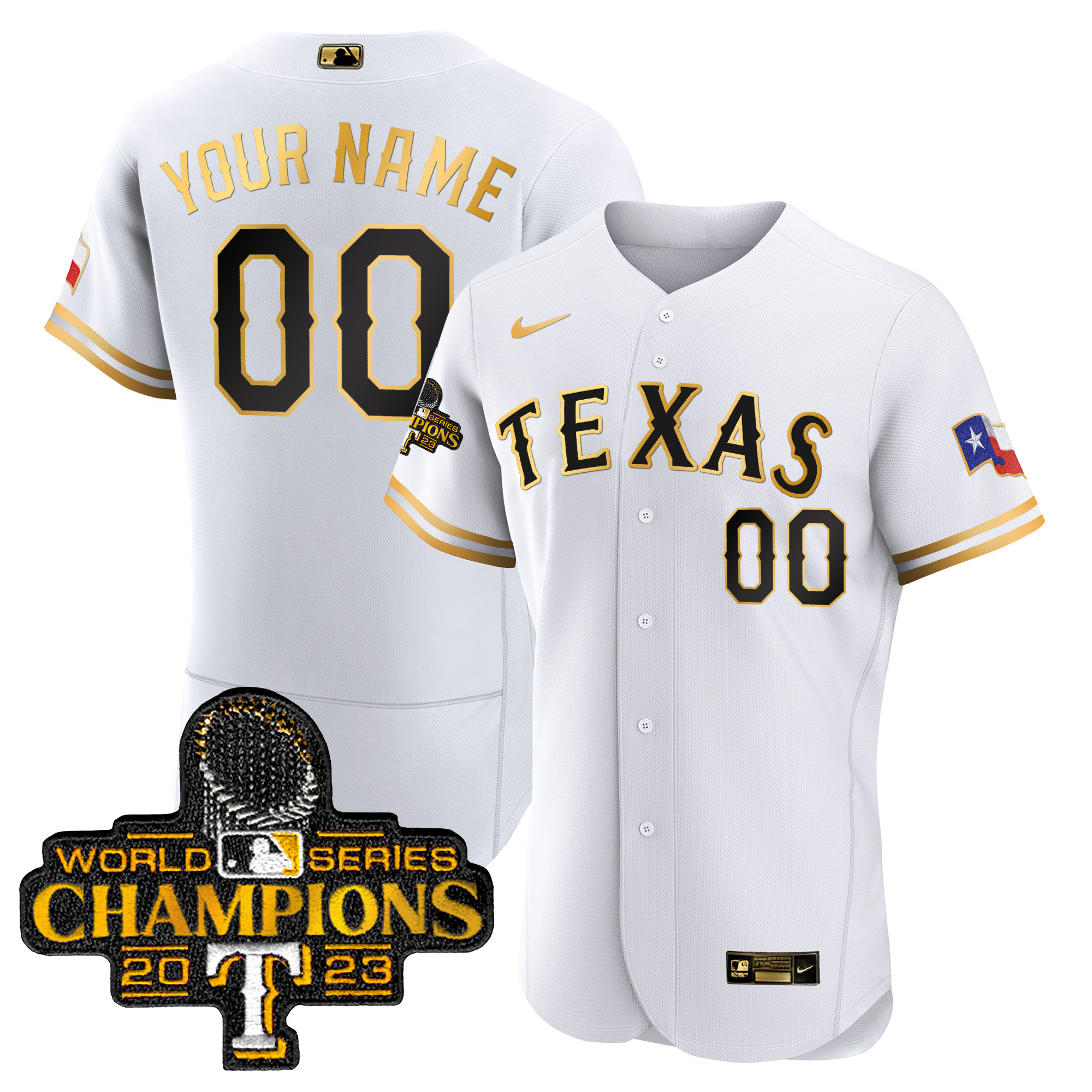 Texas Rangers 2023 World Series Champions Flex Base Custom White Gold Jersey - All Stitched