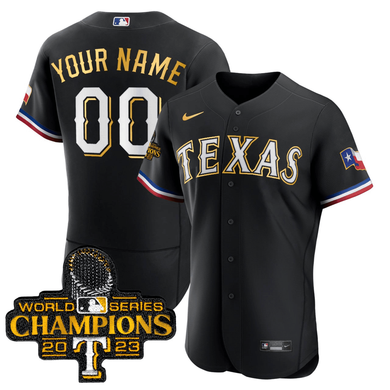 Texas Rangers 2023 World Series Champions Flex Base Gold Trim Custom Black Jersey - All Stitched