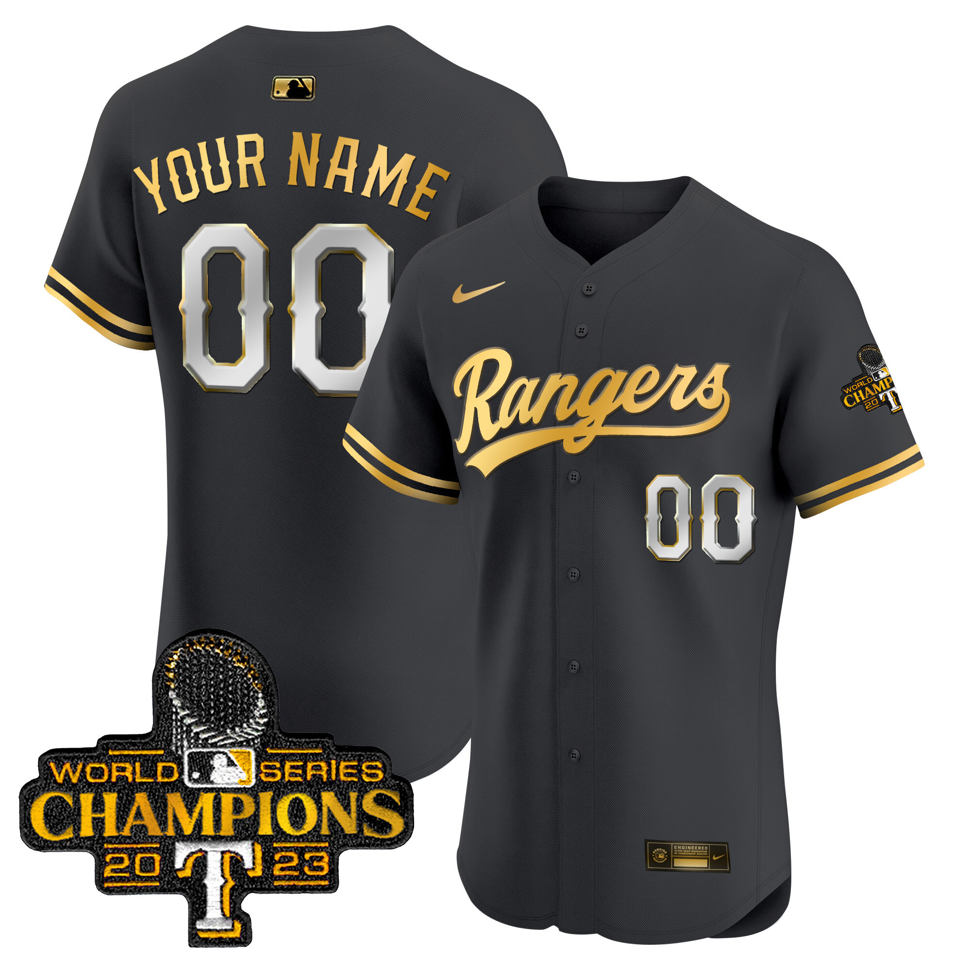 Texas Rangers 2023 World Series Champions Gold Trim Vapor Premier Elite Custom Black Gold Jersey - All Stitched