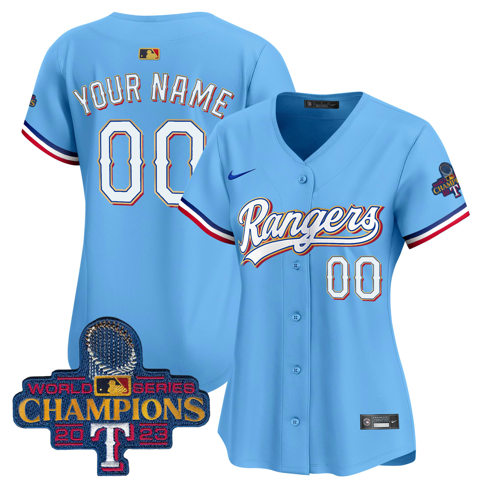 Texas Rangers 2023 World Series Champions Gold Trim Vapor Premier Elite Custom Blue Jersey - All Stitched