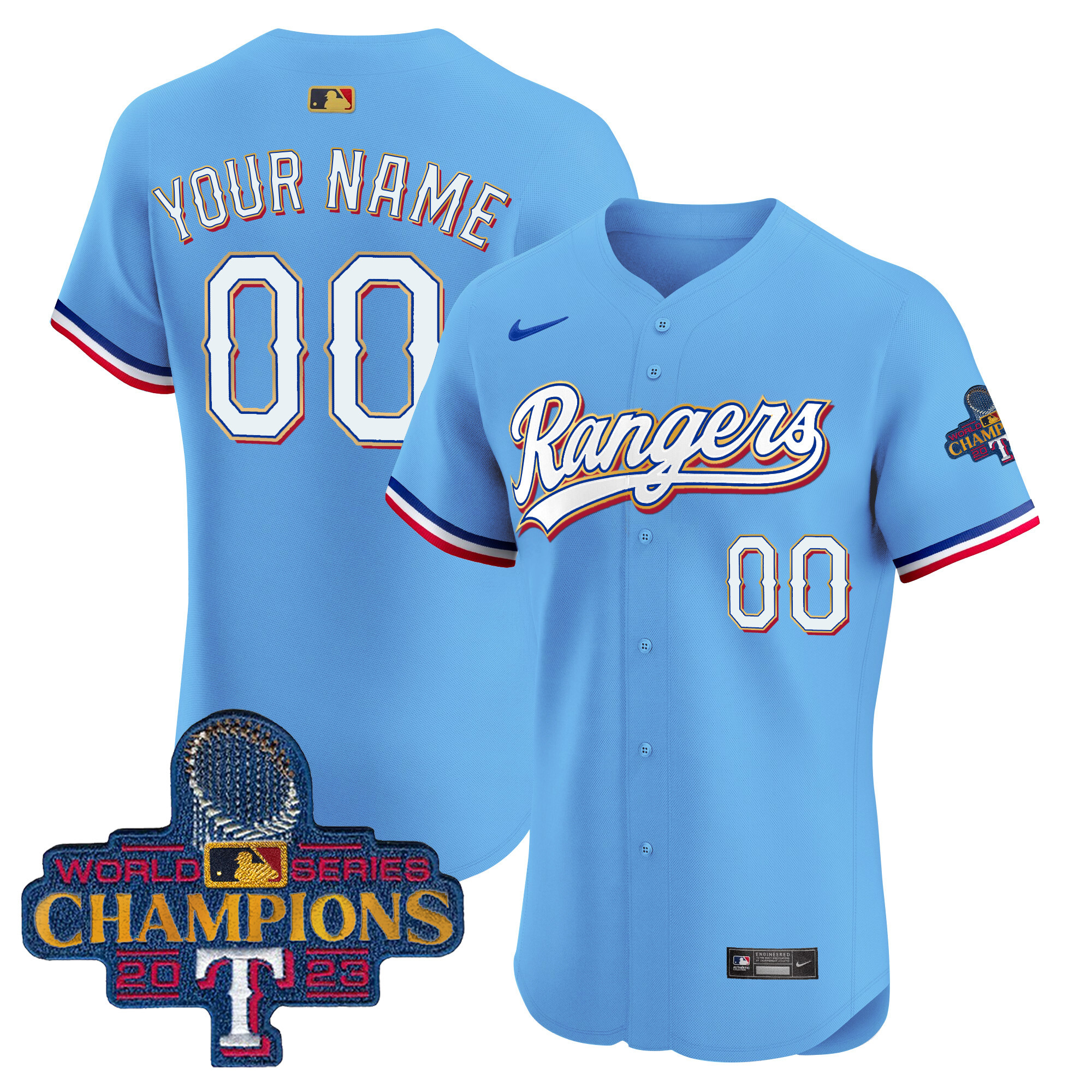 Texas Rangers 2023 World Series Champions Gold Trim Vapor Premier Elite Custom Blue Jersey - All Stitched