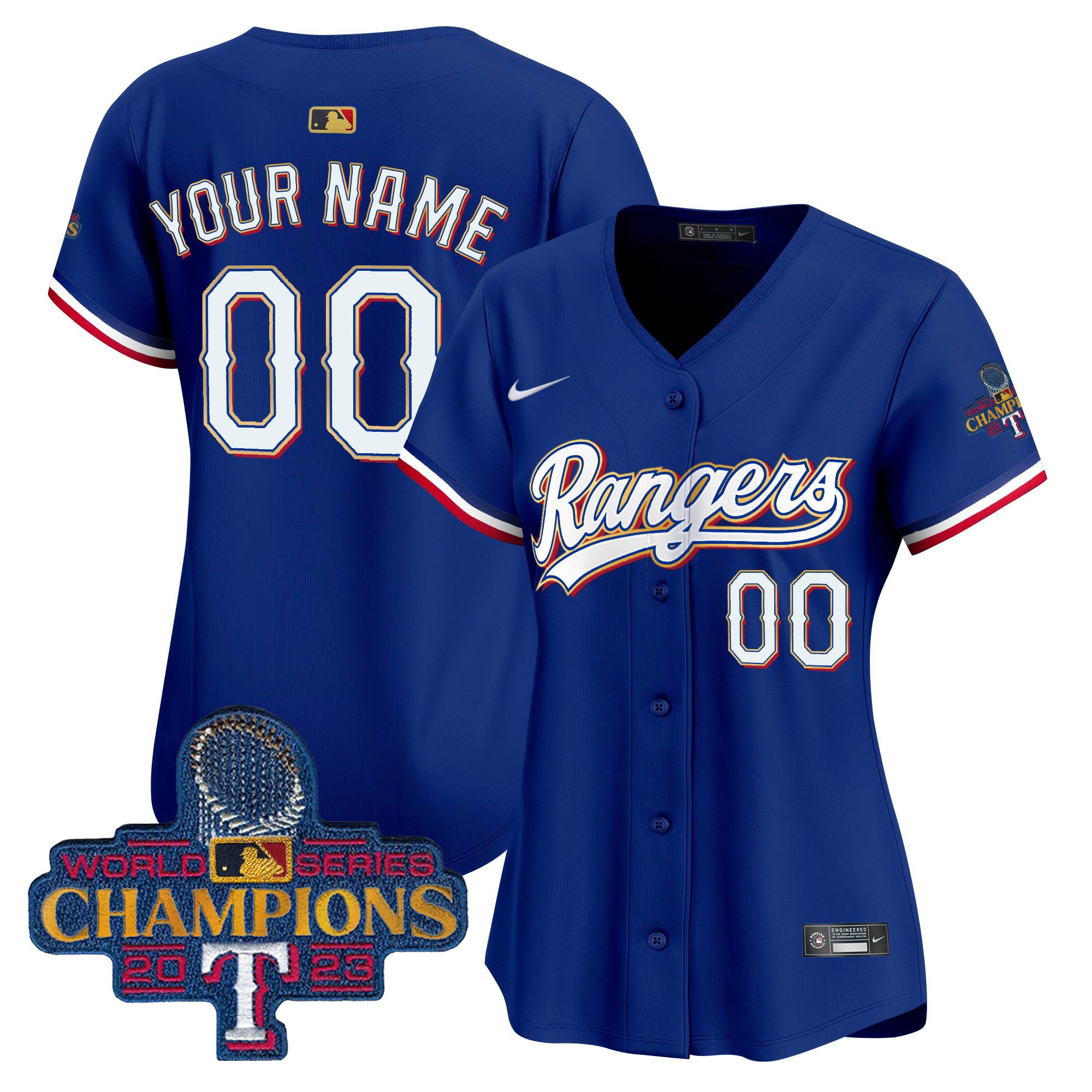 Texas Rangers 2023 World Series Champions Gold Trim Vapor Premier Elite Custom Royal Jersey - All Stitched