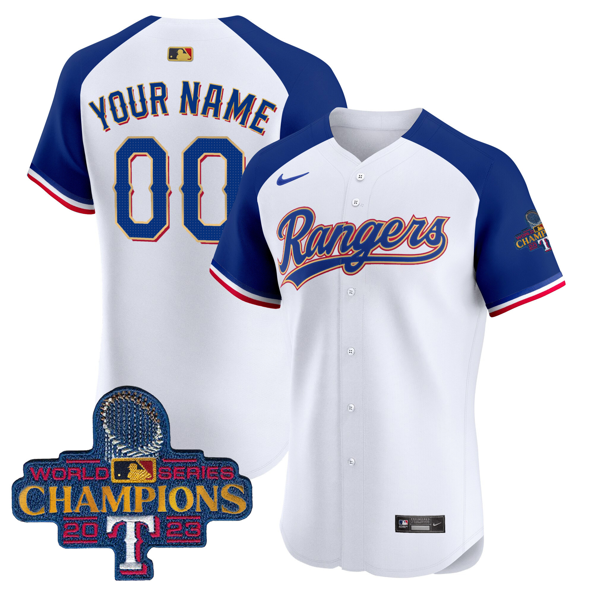 Texas Rangers 2023 World Series Champions Gold Trim Vapor Premier Elite Custom White Alternate Jersey - All Stitched