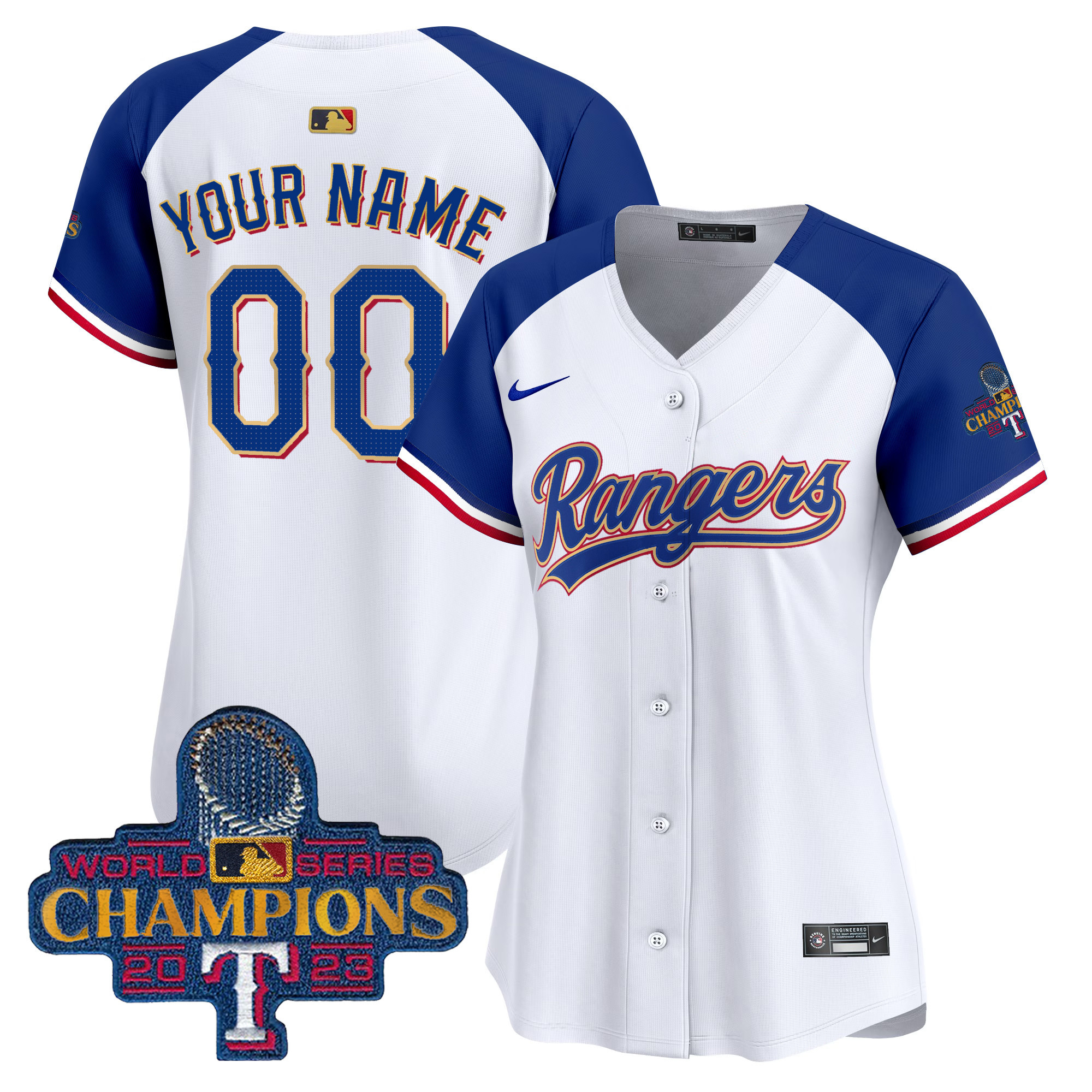 Texas Rangers 2023 World Series Champions Gold Trim Vapor Premier Elite Custom White Alternate Jersey - All Stitched