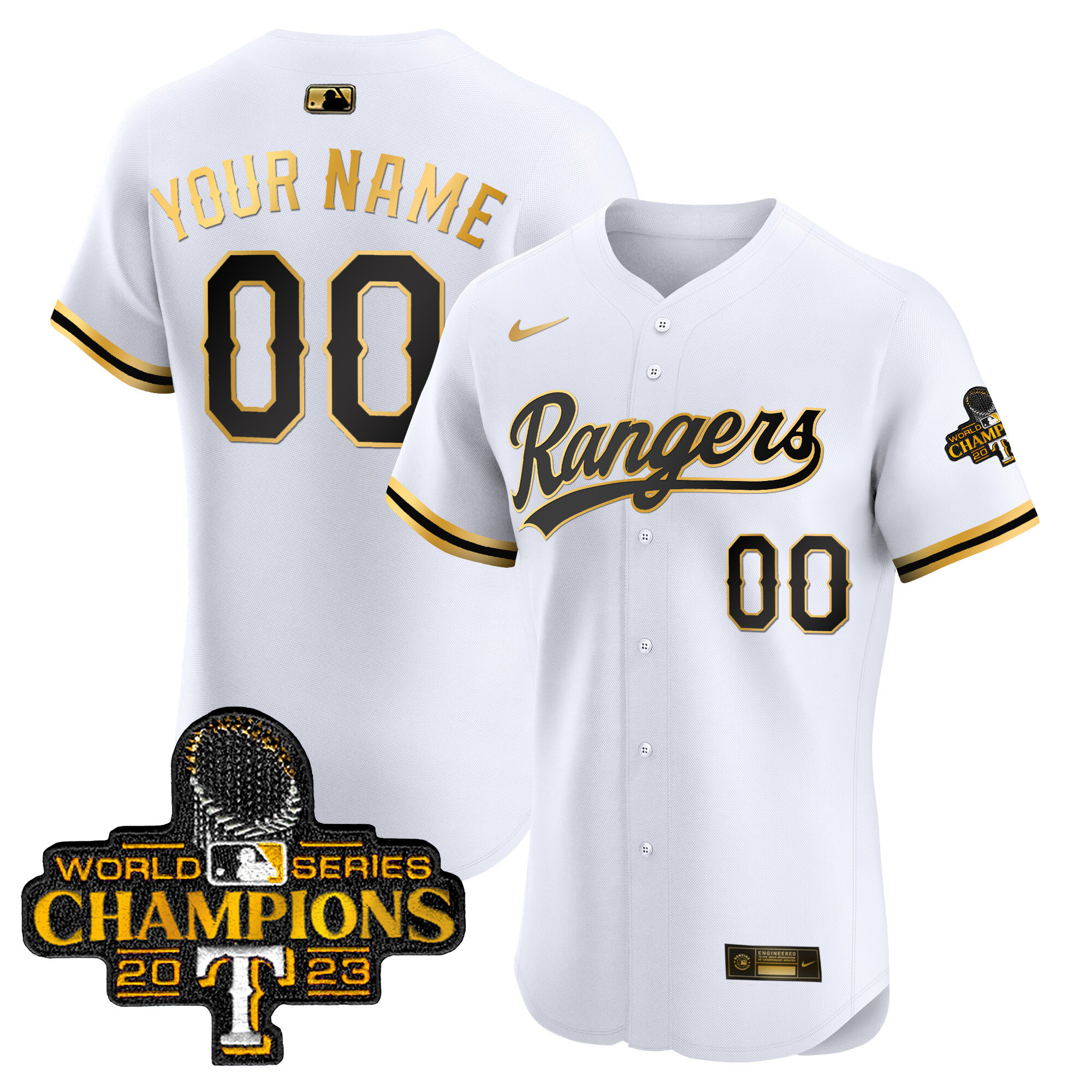 Texas Rangers 2023 World Series Champions Gold Trim Vapor Premier Elite Custom White Gold Jersey - All Stitched