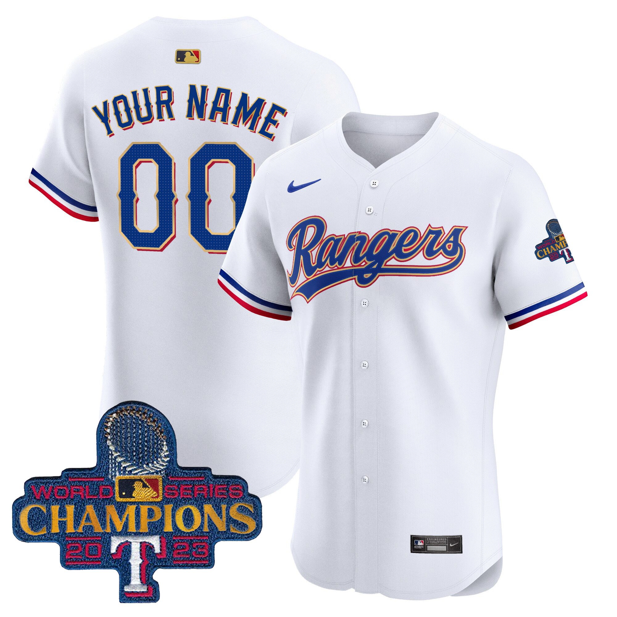 Texas Rangers 2023 World Series Champions Gold Trim Vapor Premier Elite Custom White Jersey - All Stitched