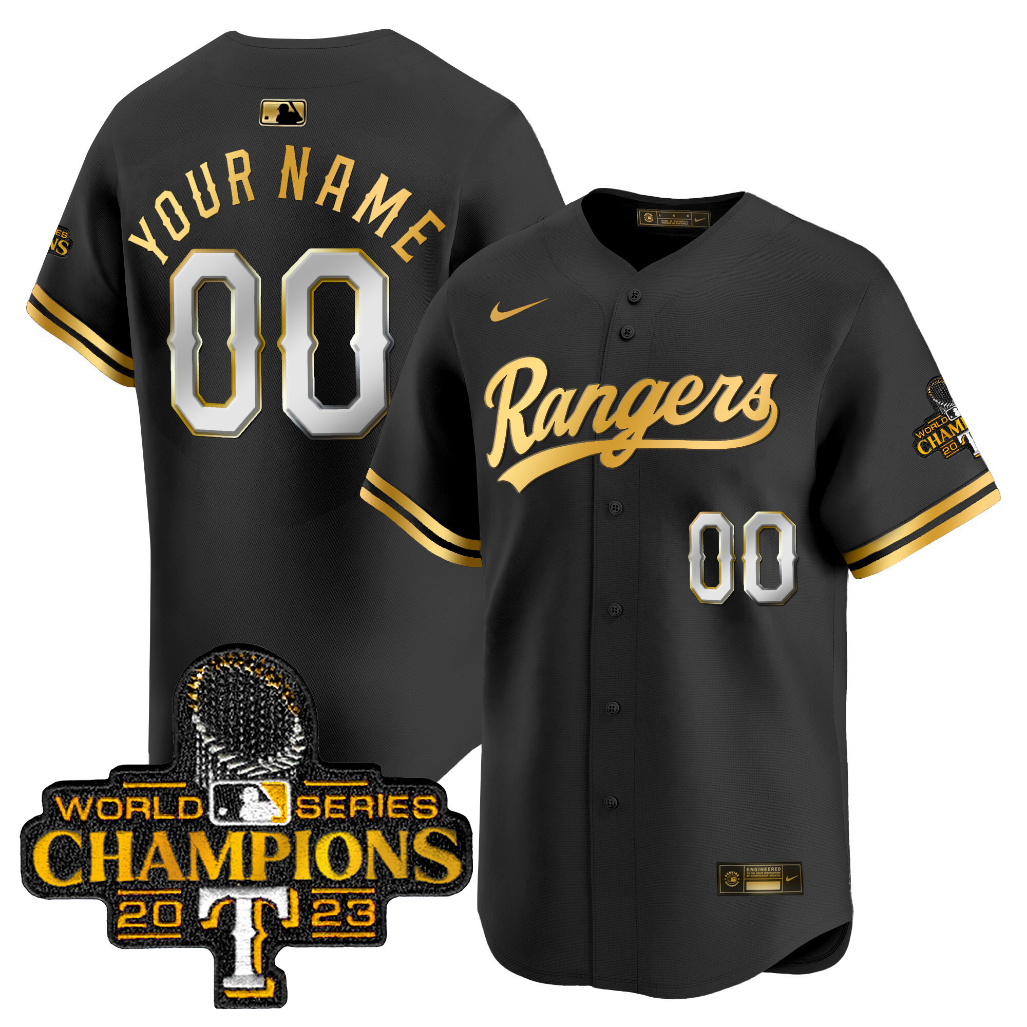 Texas Rangers 2023 World Series Champions Gold Trim Vapor Premier Limited Custom Black Gold Jersey - All Stitched