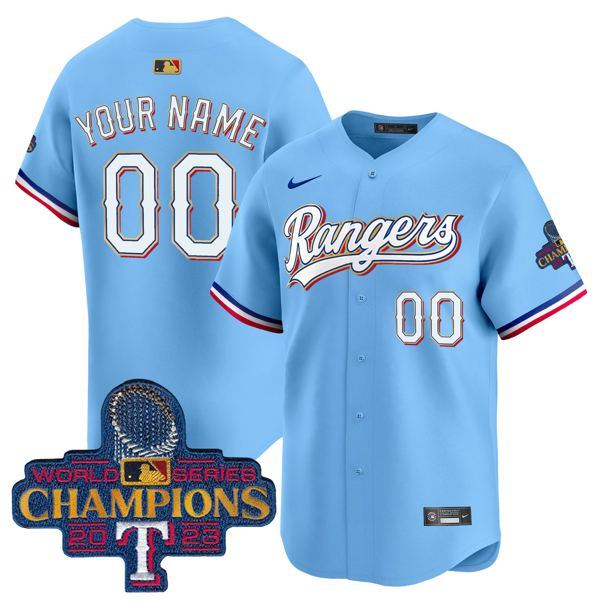 Texas Rangers 2023 World Series Champions Gold Trim Vapor Premier Limited Custom Blue Jersey - All Stitched